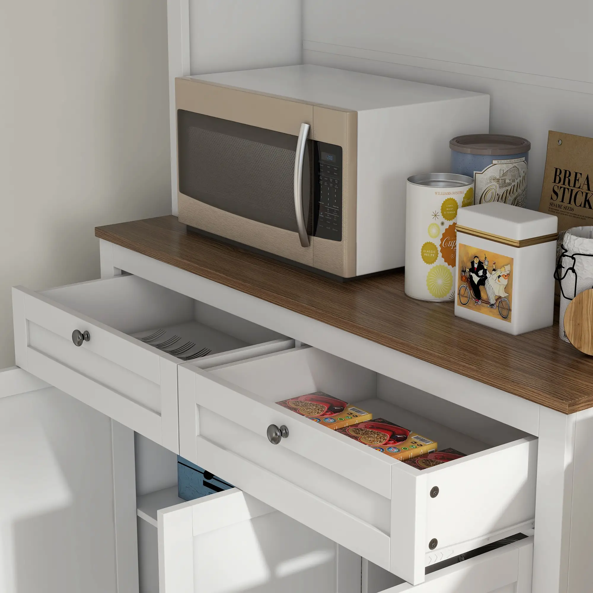 71" Pantry Cabinet with Microwave Space, Buffet Hutch, 2 Drawers, Adjustable Shelves, White - Image 9