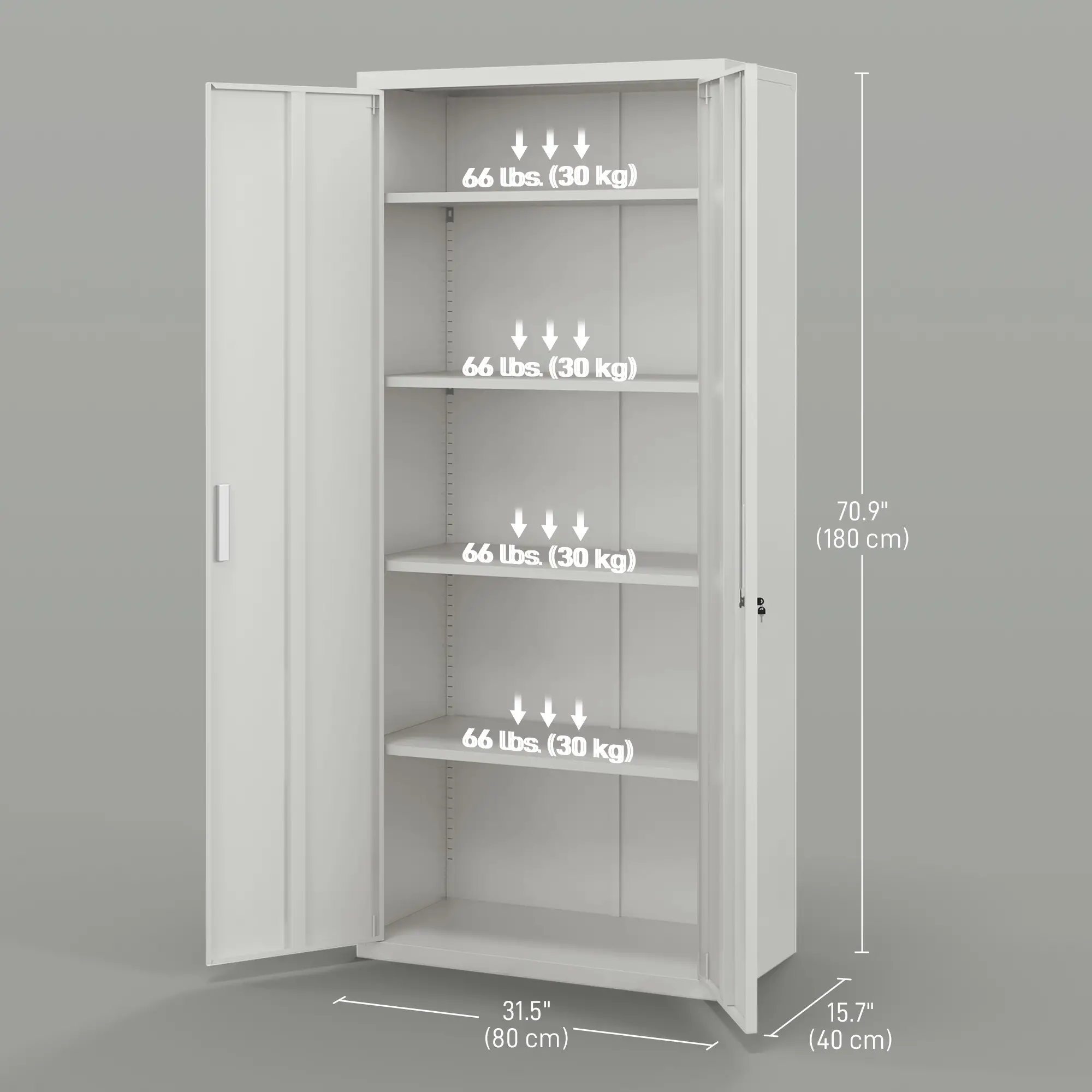 71" Tall Garage Cabinet, Metal Storage, 2 Doors, 4 Adjustable Shelves, White - Image 3