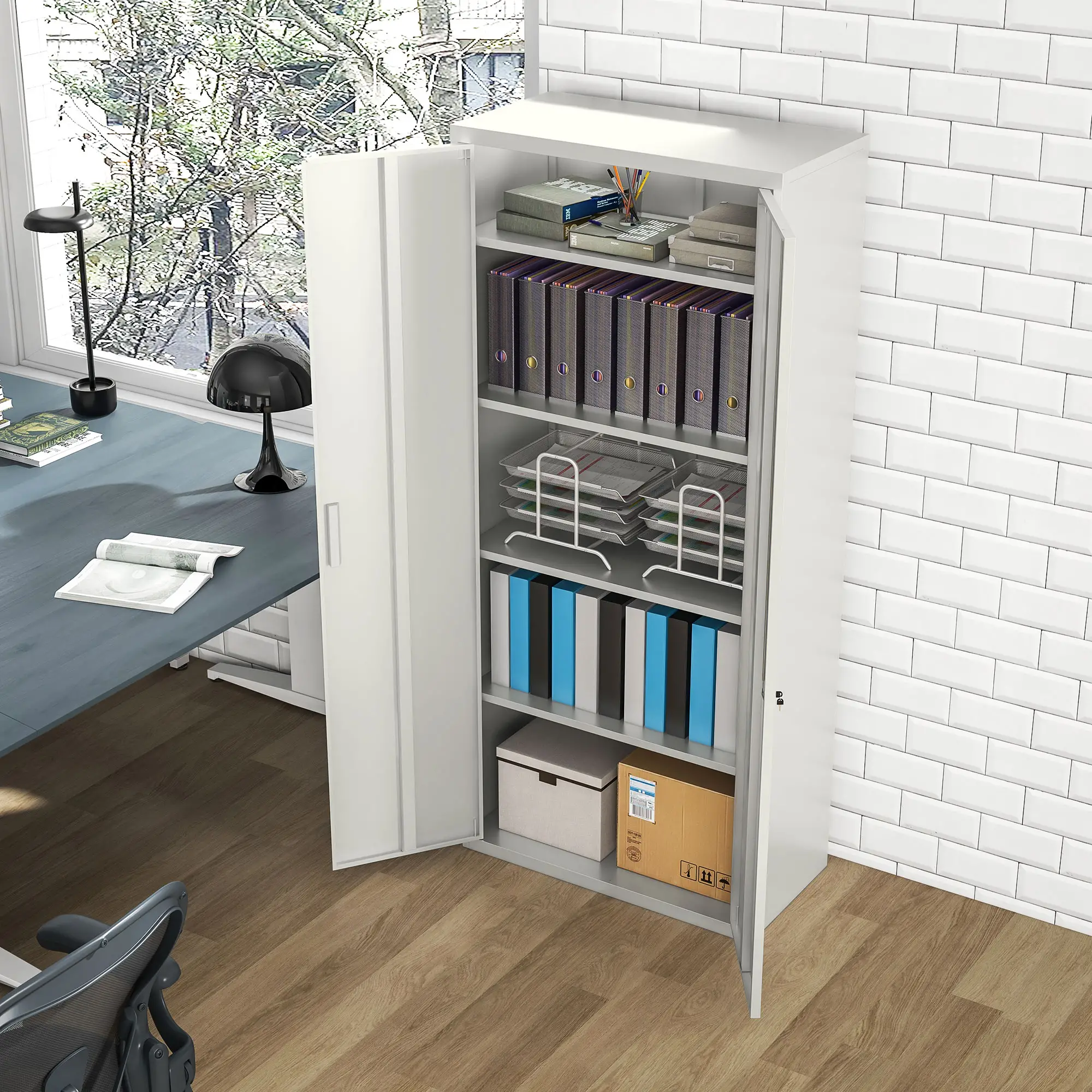 71" Tall Garage Cabinet, Metal Storage, 2 Doors, 4 Adjustable Shelves, White - Image 6