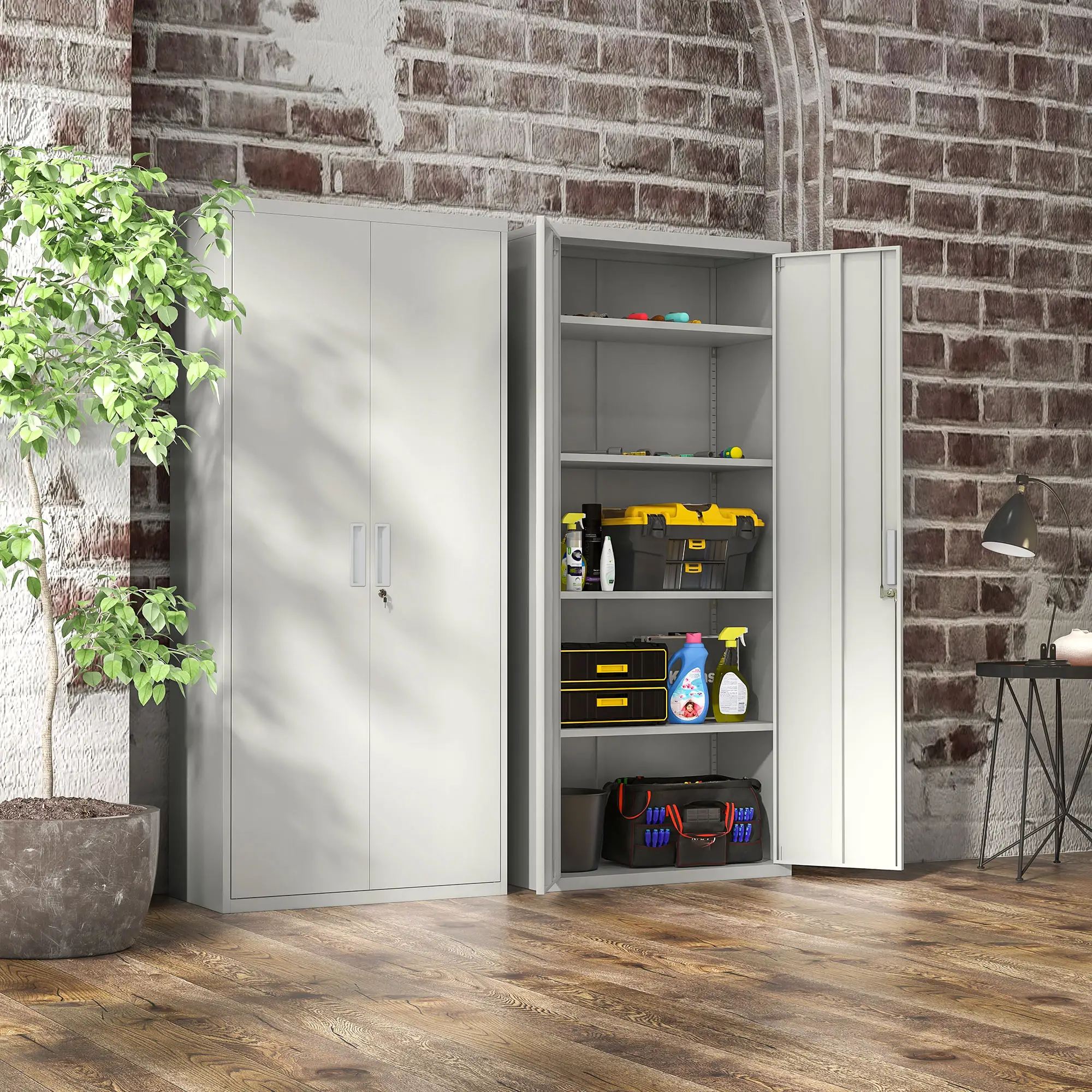 71" Tall Garage Cabinet, Metal Storage, 2 Doors, 4 Adjustable Shelves, White - Image 7