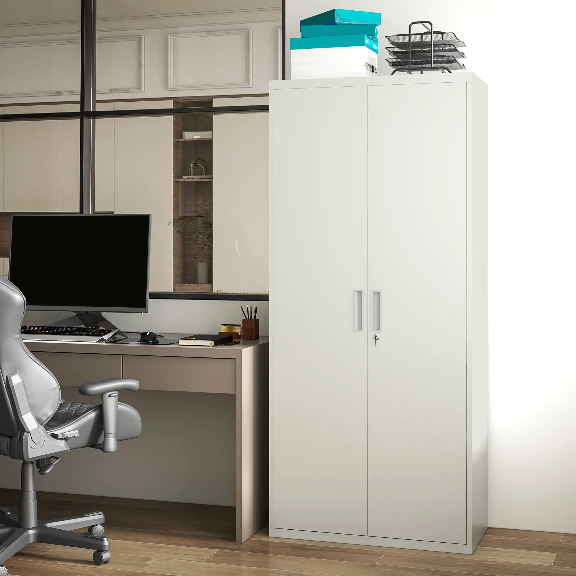 71" Tall Garage Cabinet, Metal Storage, 2 Doors, 4 Adjustable Shelves, White - Image 9