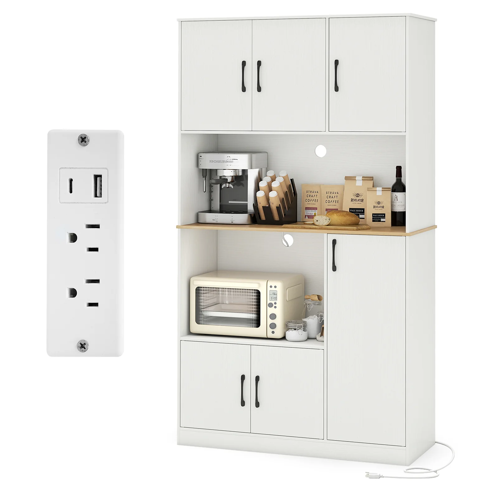 71" Tall Kitchen Pantry Cabinet with Charging Station Wooden Buffet Cupboard Sideboard, White - Image 4