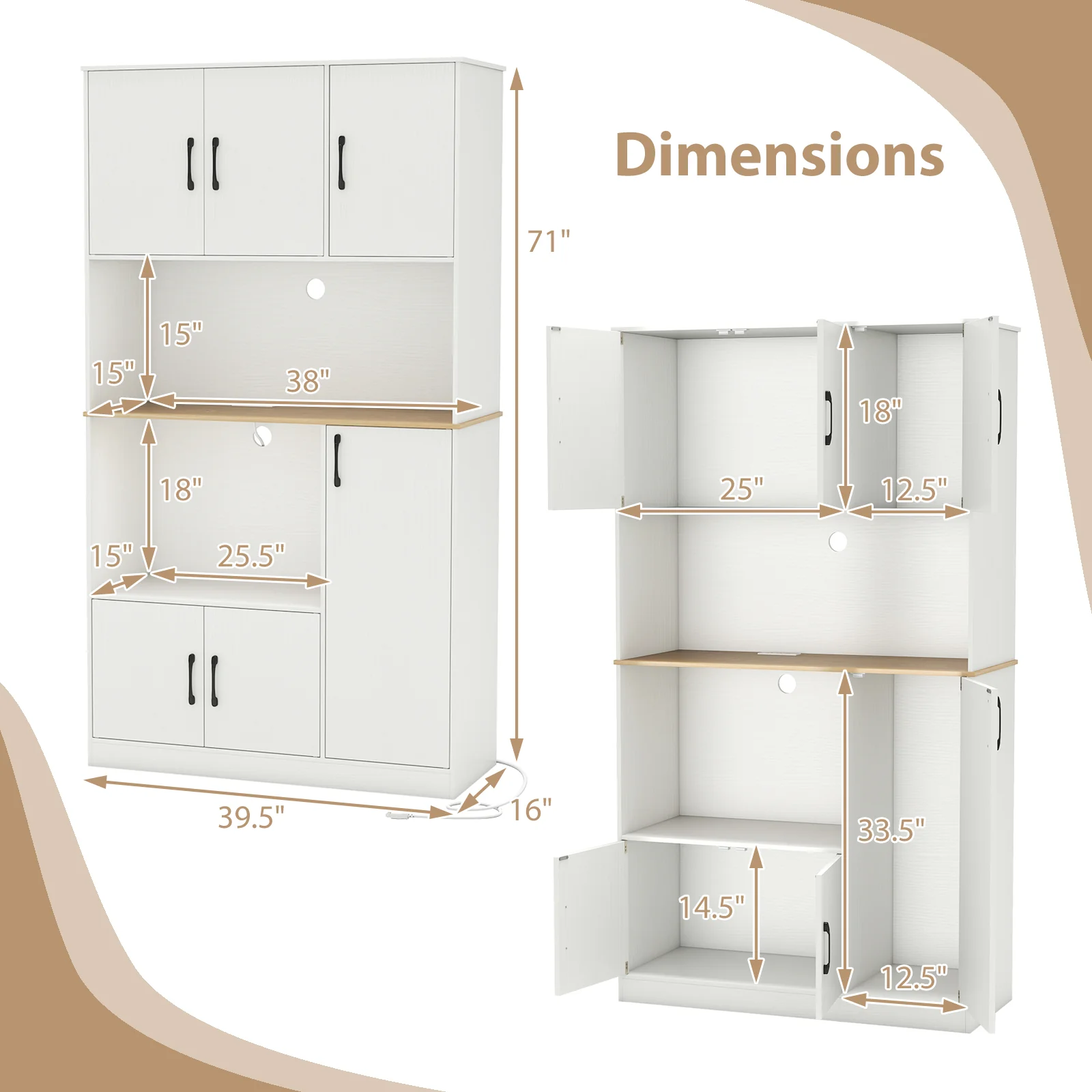 71" Tall Kitchen Pantry Cabinet with Charging Station Wooden Buffet Cupboard Sideboard, White - Image 5