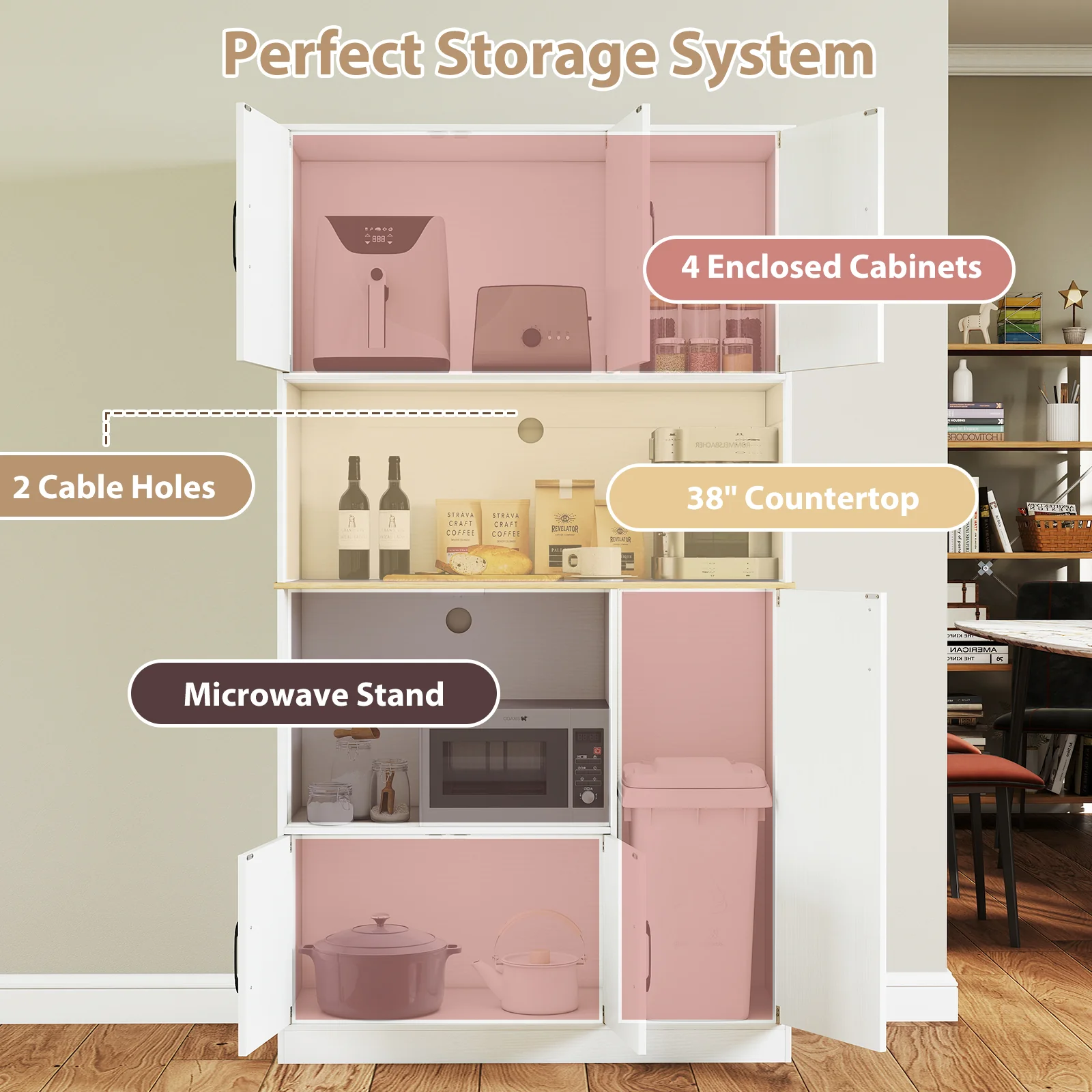 71" Tall Kitchen Pantry Cabinet with Charging Station Wooden Buffet Cupboard Sideboard, White - Image 6