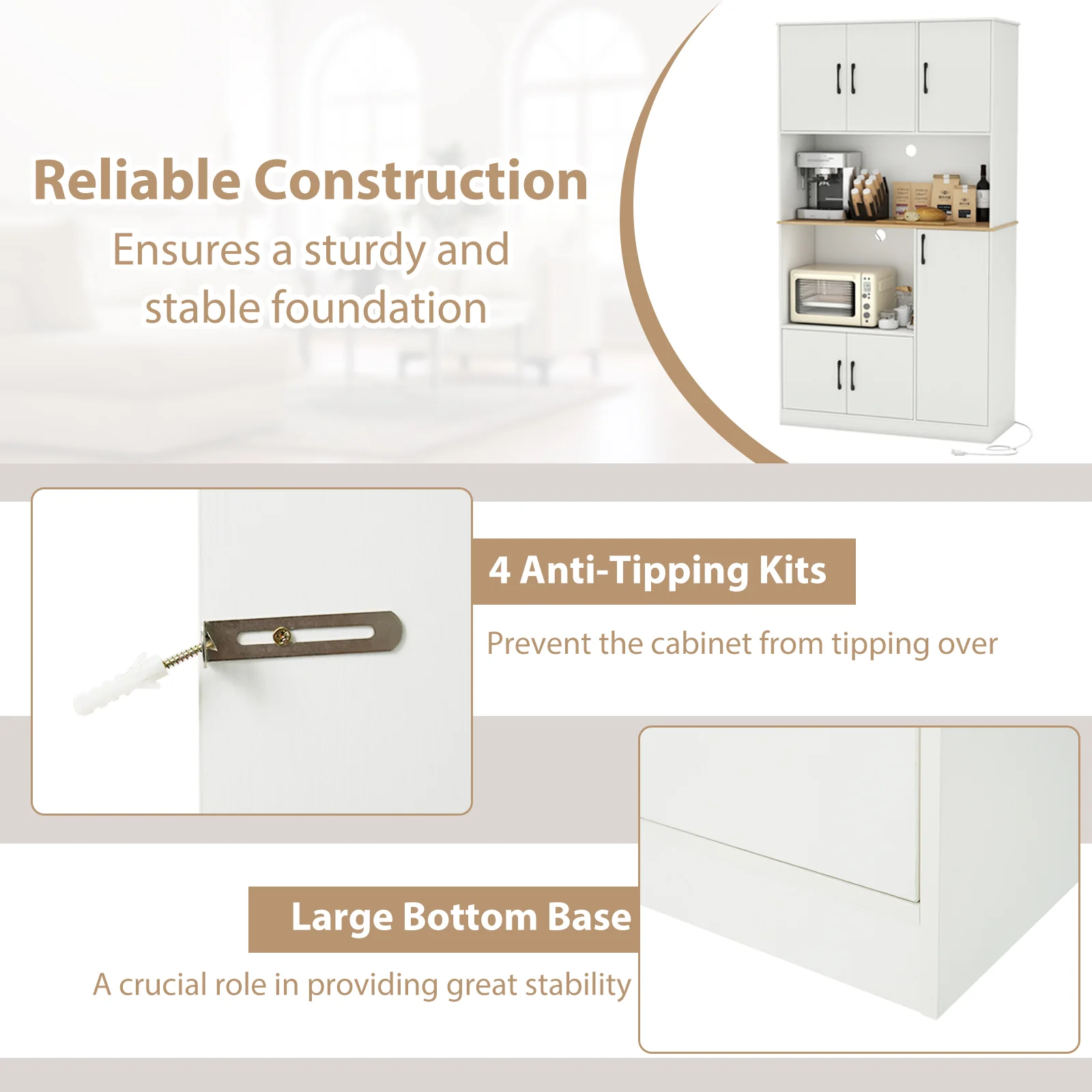 71" Tall Kitchen Pantry Cabinet with Charging Station Wooden Buffet Cupboard Sideboard, White - Image 8