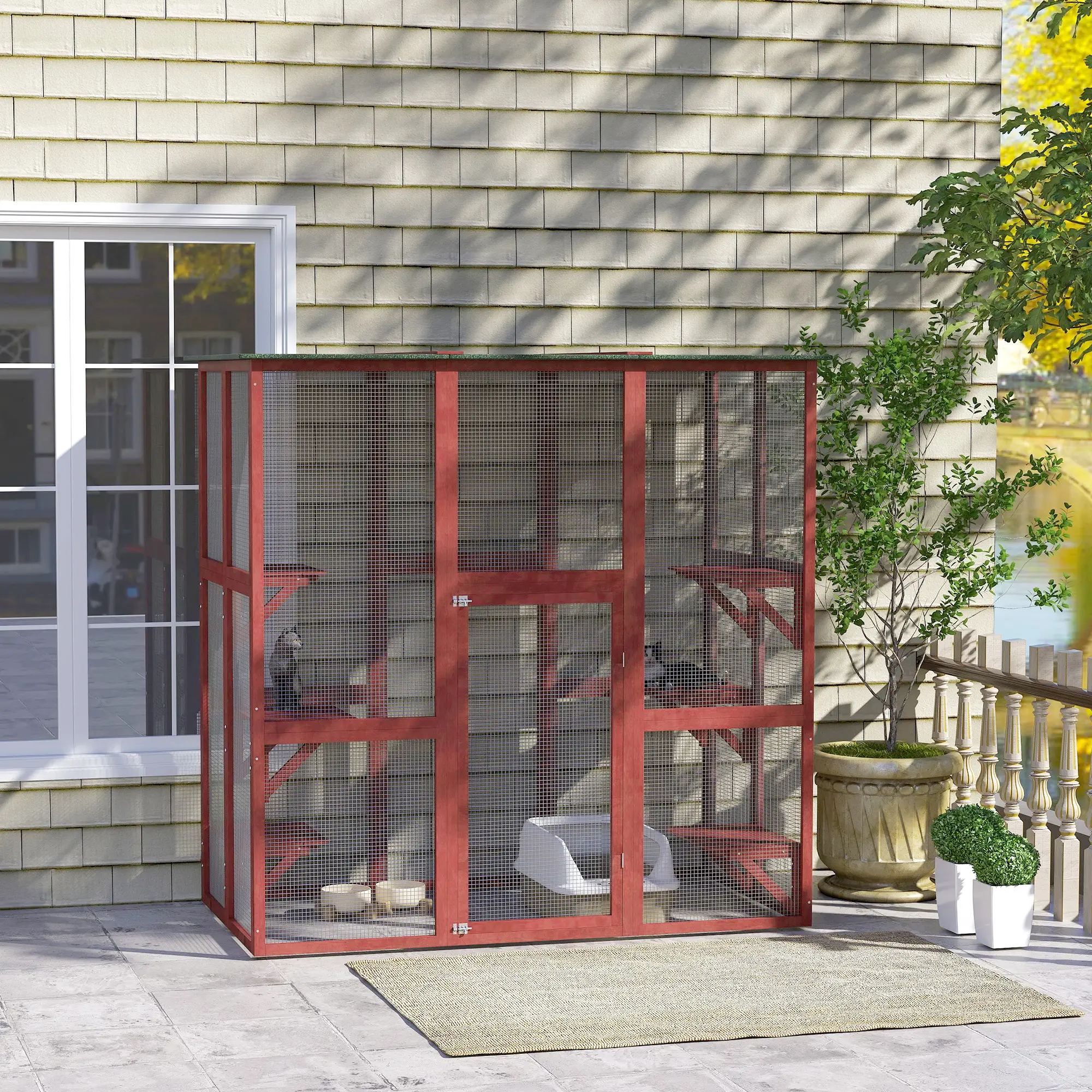 71" x 39" x 71" Cat Cage, Large Outdoor Wooden Cat Patio, 6 Platforms, Asphalt Roof, Wine Red - Image 11