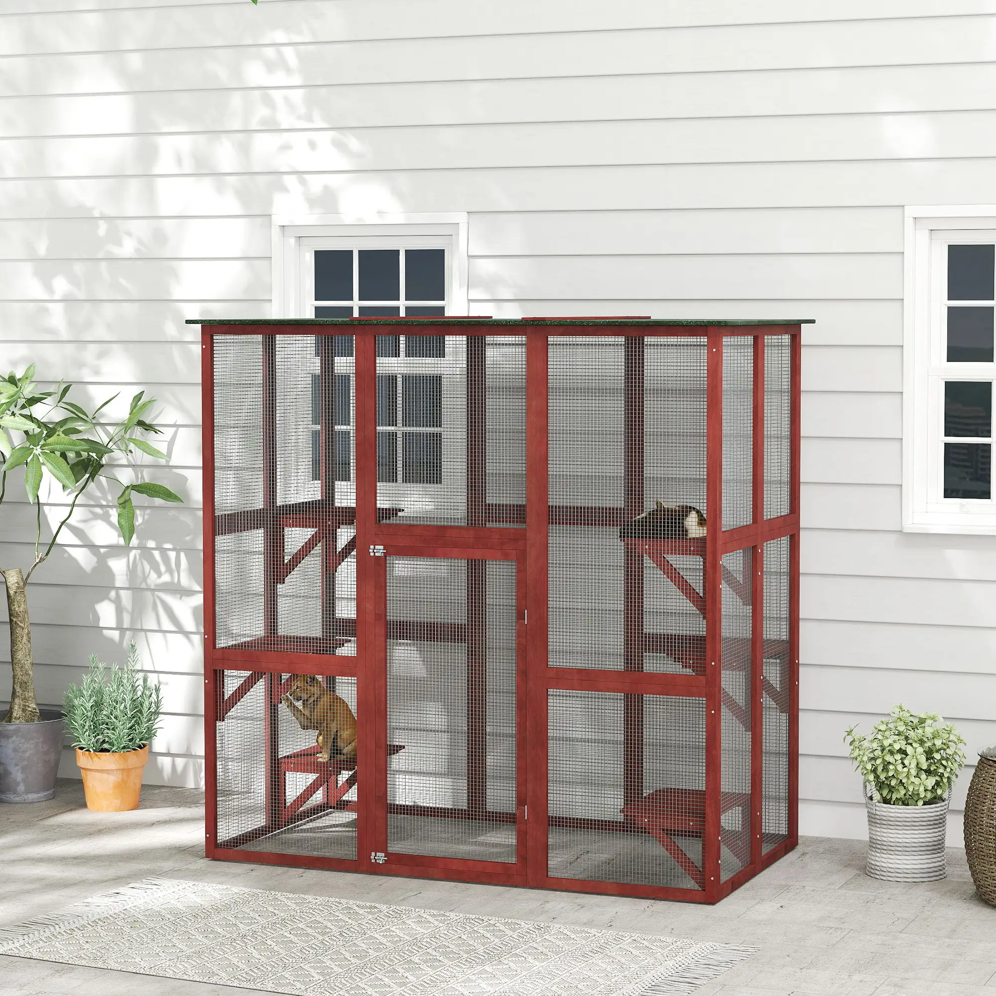 71" x 39" x 71" Cat Cage, Large Outdoor Wooden Cat Patio, 6 Platforms, Asphalt Roof, Wine Red - Image 2