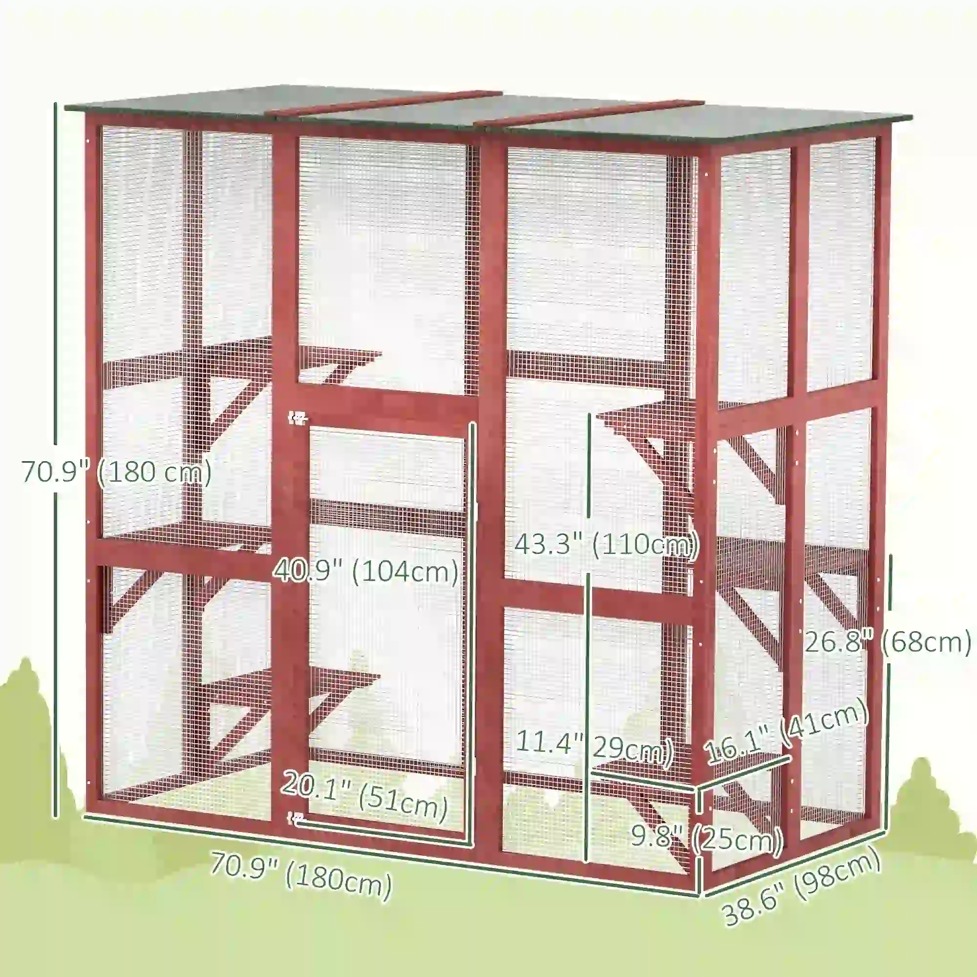 71" x 39" x 71" Cat Cage, Large Outdoor Wooden Cat Patio, 6 Platforms, Asphalt Roof, Wine Red - Image 3