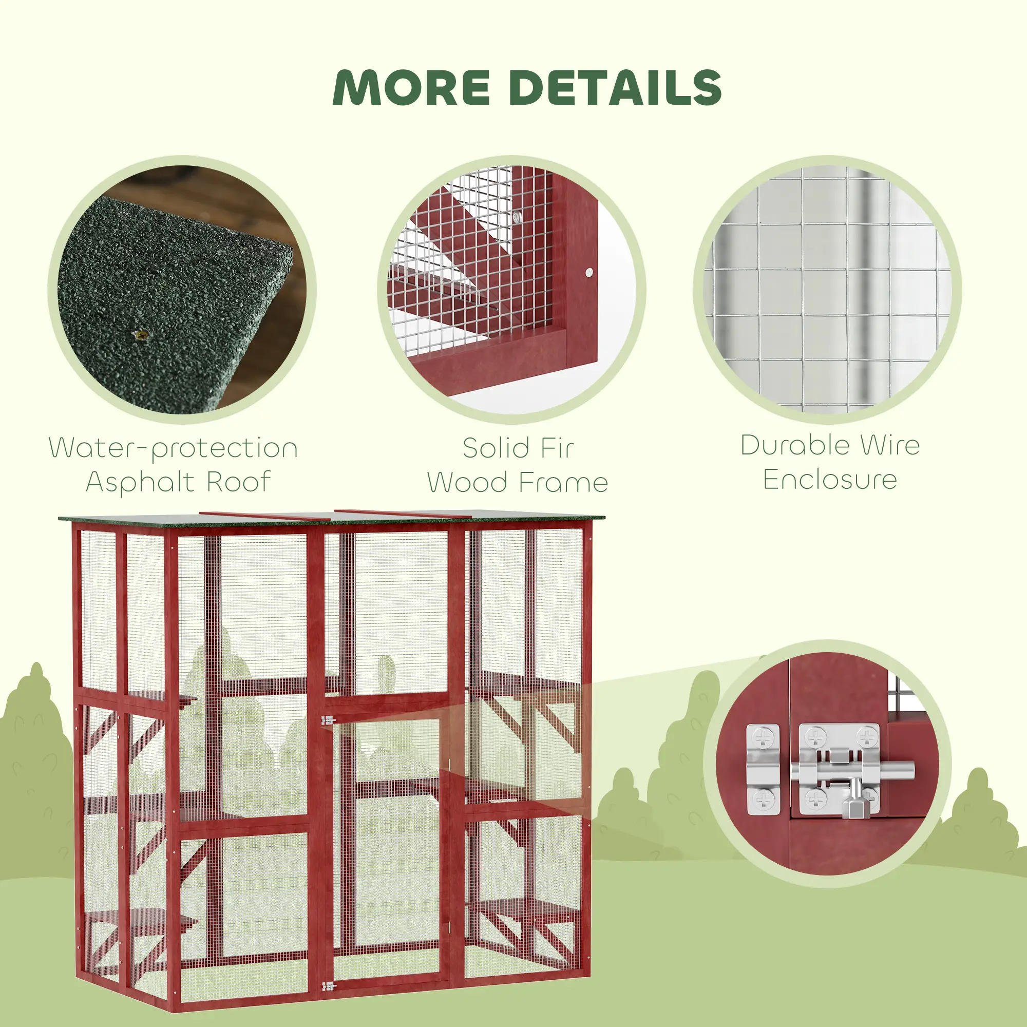 71" x 39" x 71" Cat Cage, Large Outdoor Wooden Cat Patio, 6 Platforms, Asphalt Roof, Wine Red - Image 5