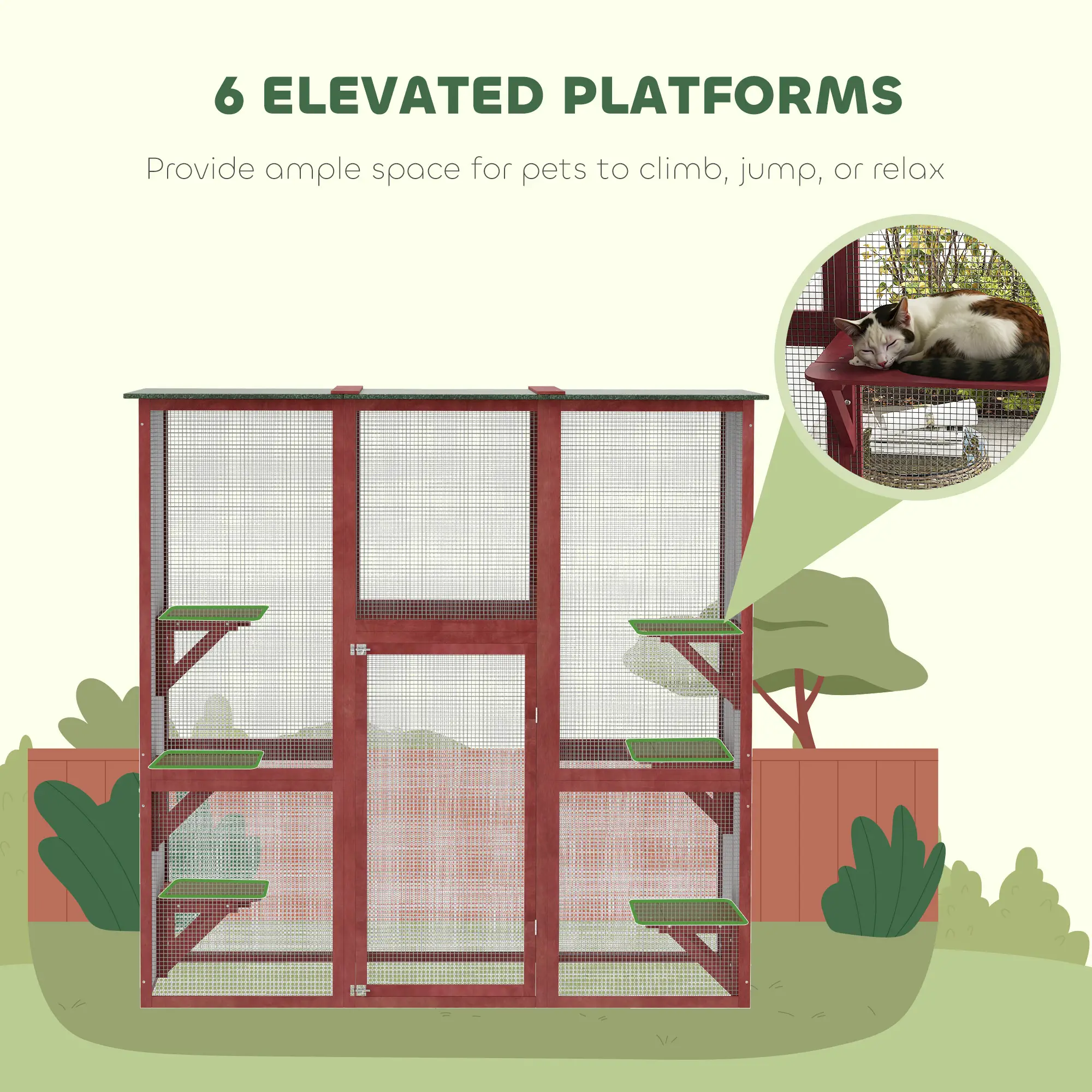 71" x 39" x 71" Cat Cage, Large Outdoor Wooden Cat Patio, 6 Platforms, Asphalt Roof, Wine Red - Image 6