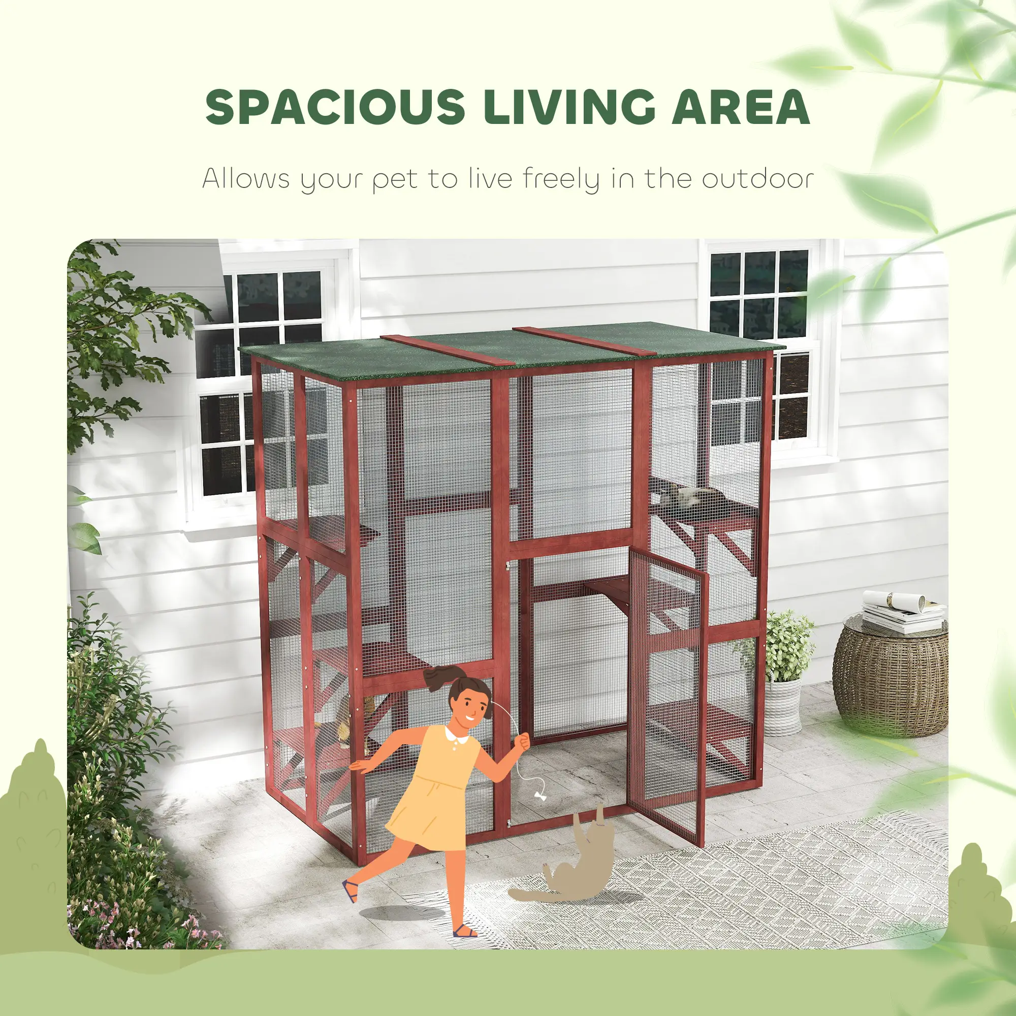 71" x 39" x 71" Cat Cage, Large Outdoor Wooden Cat Patio, 6 Platforms, Asphalt Roof, Wine Red - Image 7