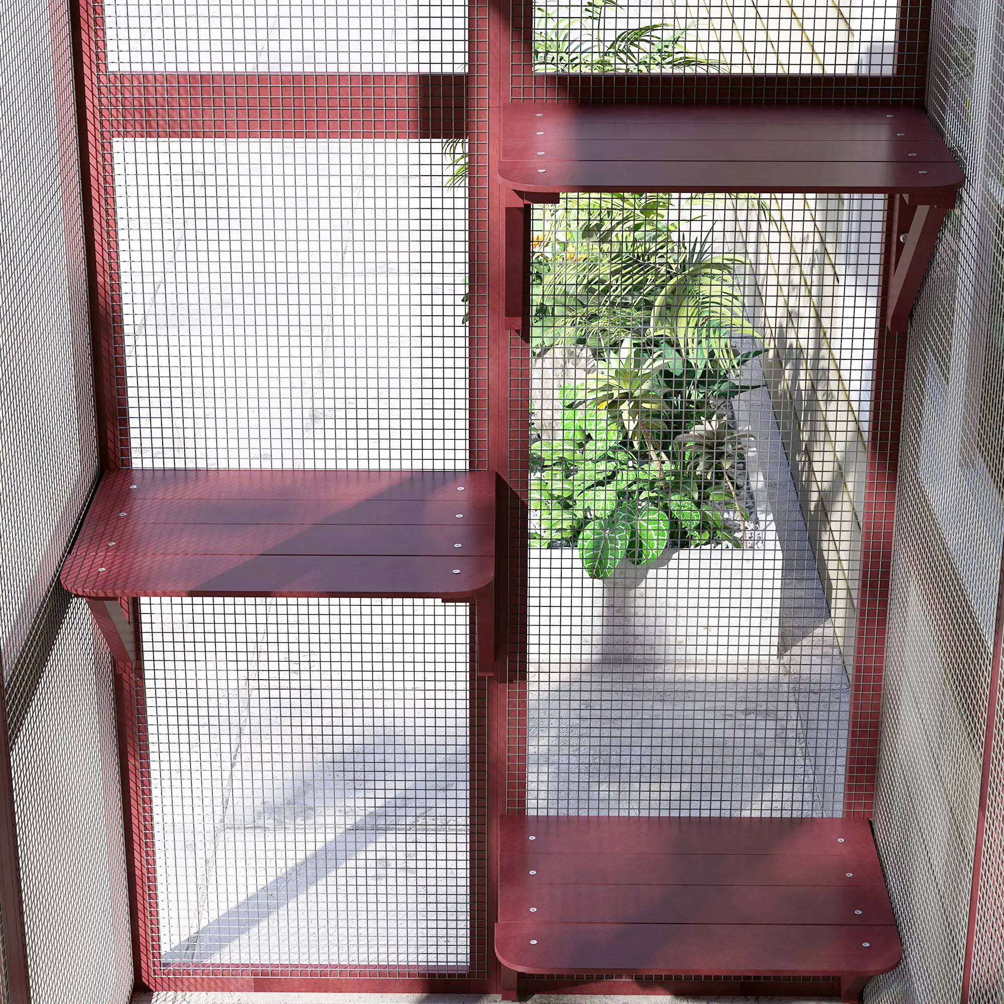 71" x 39" x 71" Cat Cage, Large Outdoor Wooden Cat Patio, 6 Platforms, Asphalt Roof, Wine Red - Image 9