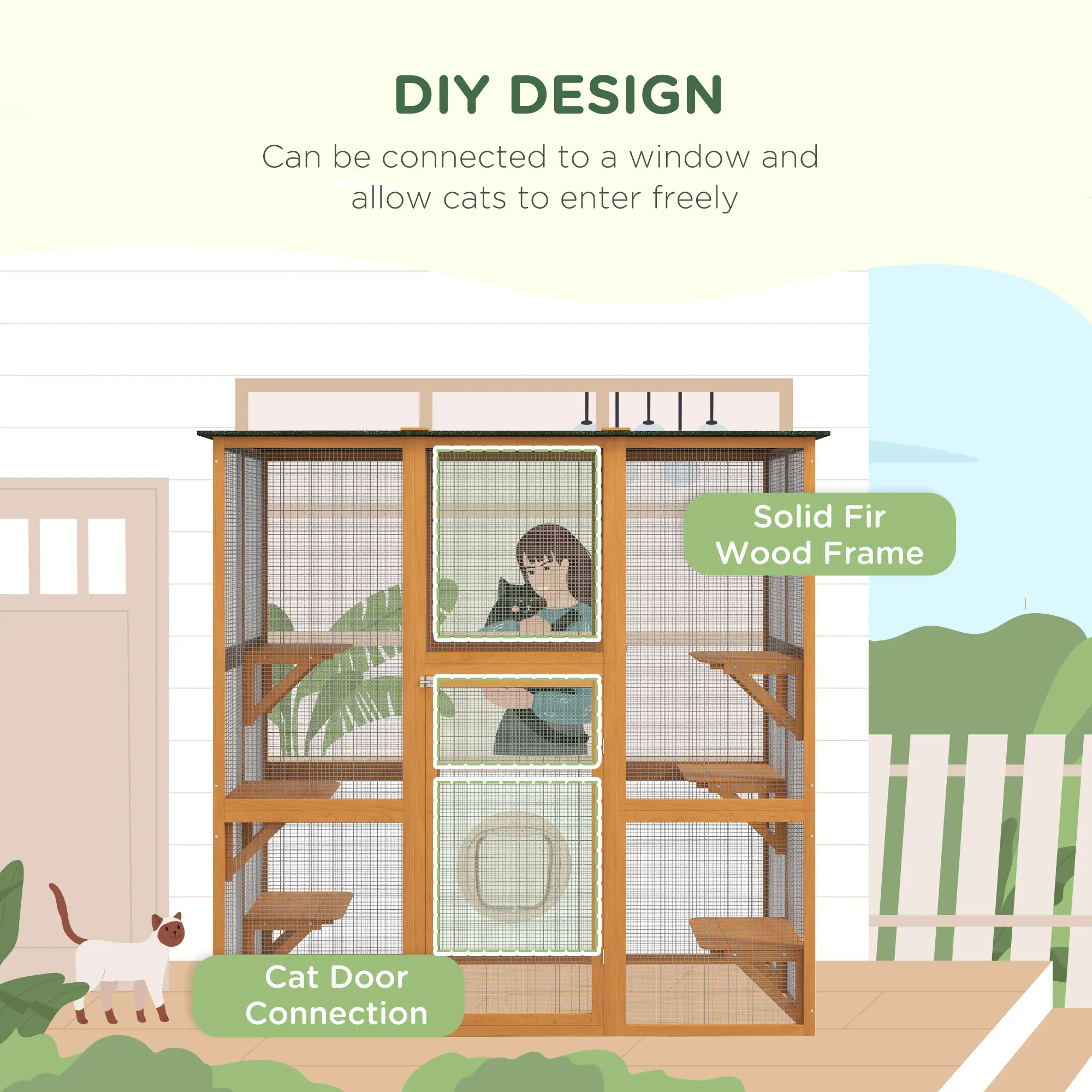 71" x 39" x 71" Cat Cage, Large Outdoor Wooden Cat Patio, Orange - Image 4