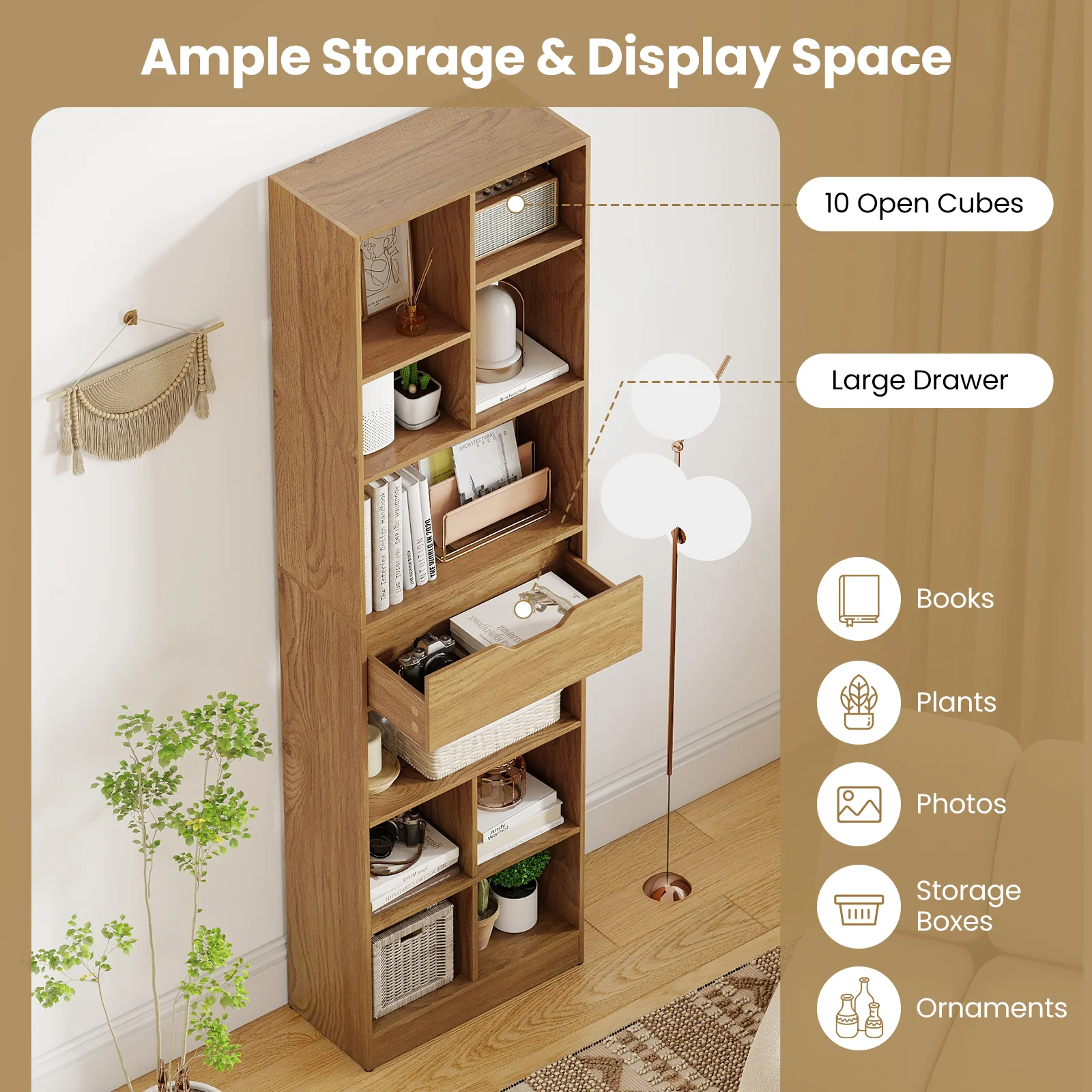 71inch Tall Freestanding Bookcase with Drawer 10-Cube Storage Organizer, Natural - Image 10