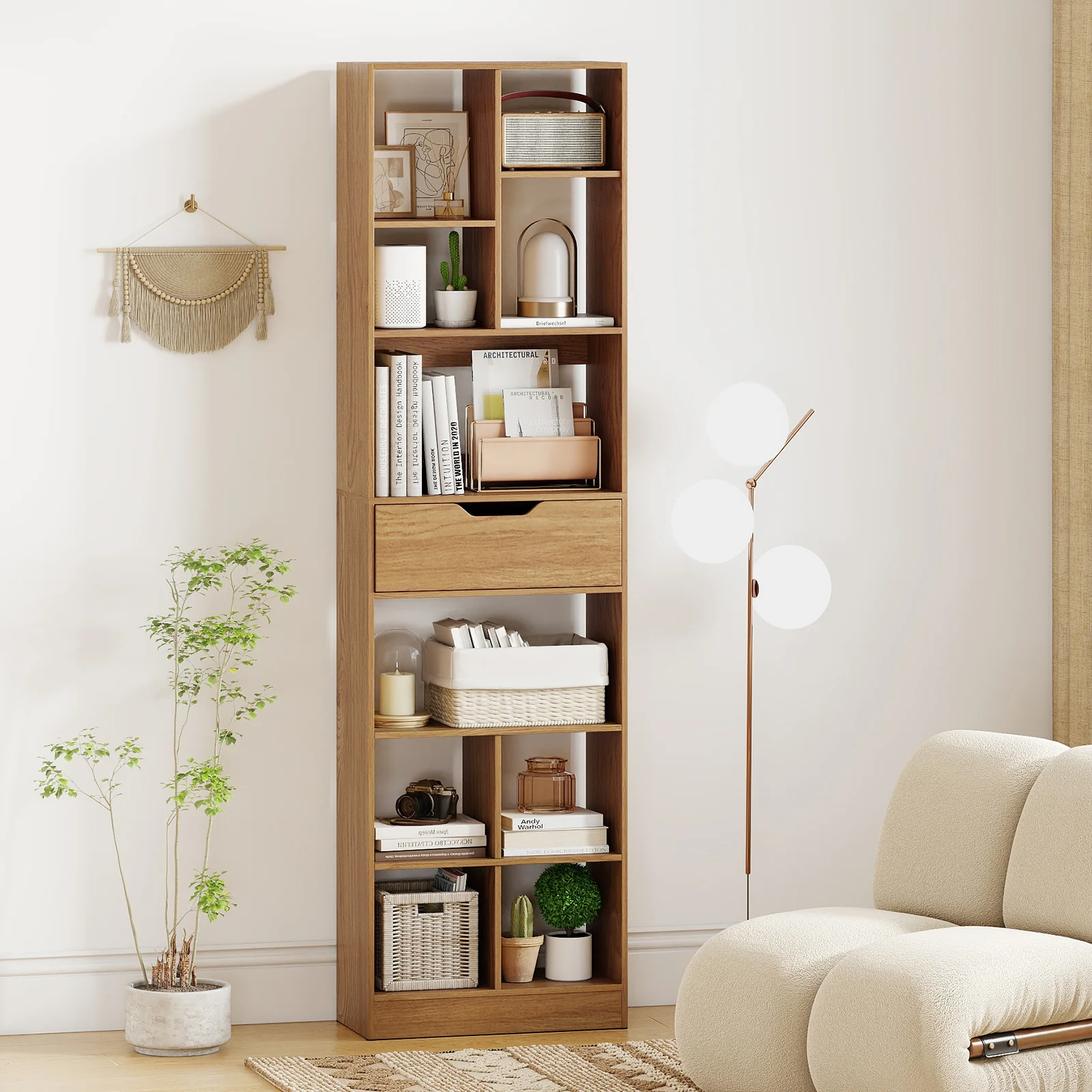 71inch Tall Freestanding Bookcase with Drawer 10-Cube Storage Organizer, Natural - Image 2