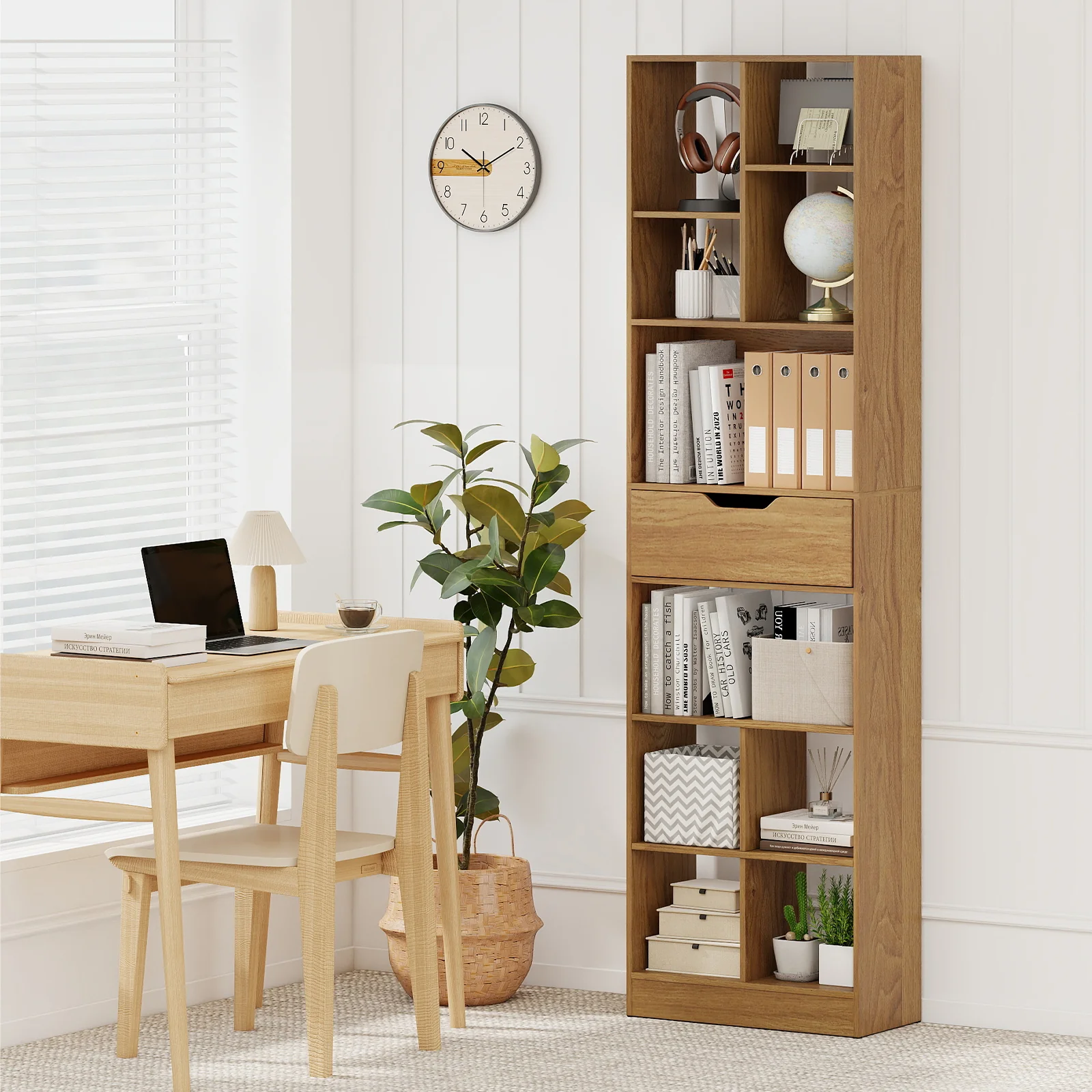 71inch Tall Freestanding Bookcase with Drawer 10-Cube Storage Organizer, Natural - Image 3