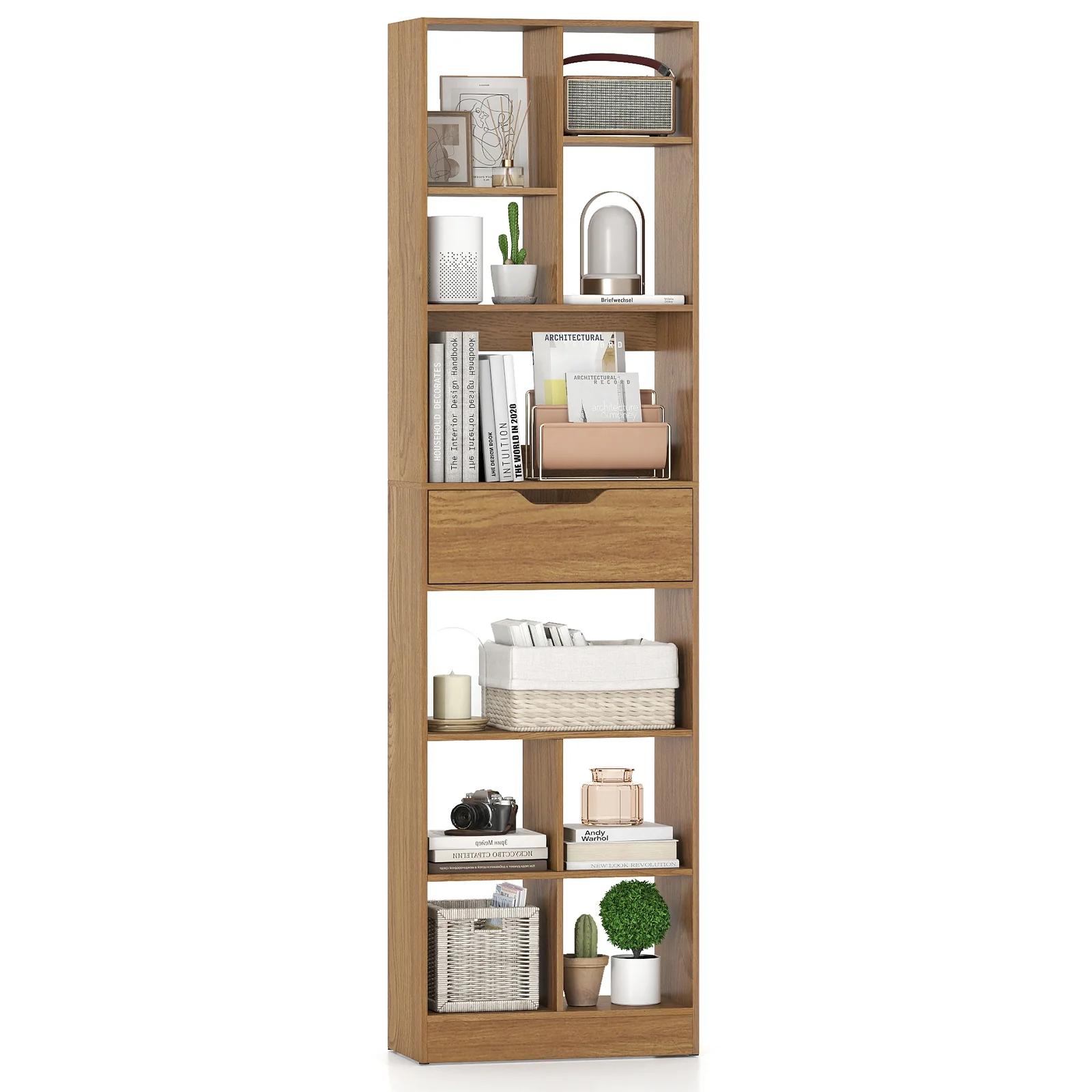 71inch Tall Freestanding Bookcase with Drawer 10-Cube Storage Organizer, Natural - Image 4