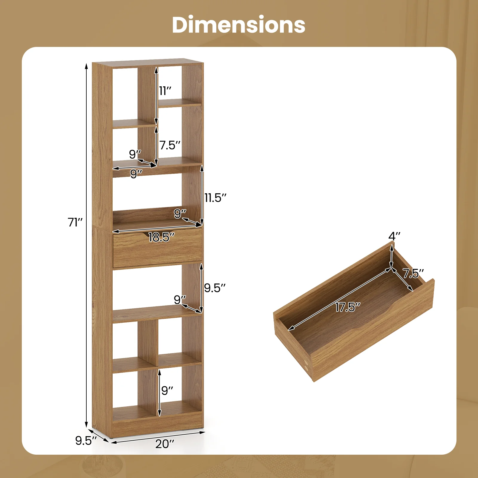 71inch Tall Freestanding Bookcase with Drawer 10-Cube Storage Organizer, Natural - Image 6