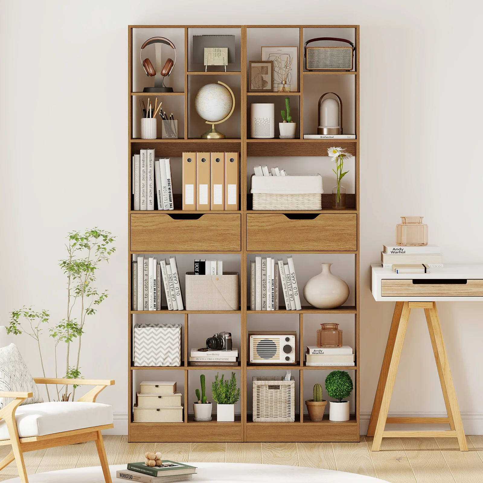 71inch Tall Freestanding Bookcase with Drawer 10-Cube Storage Organizer, Natural - Image 7