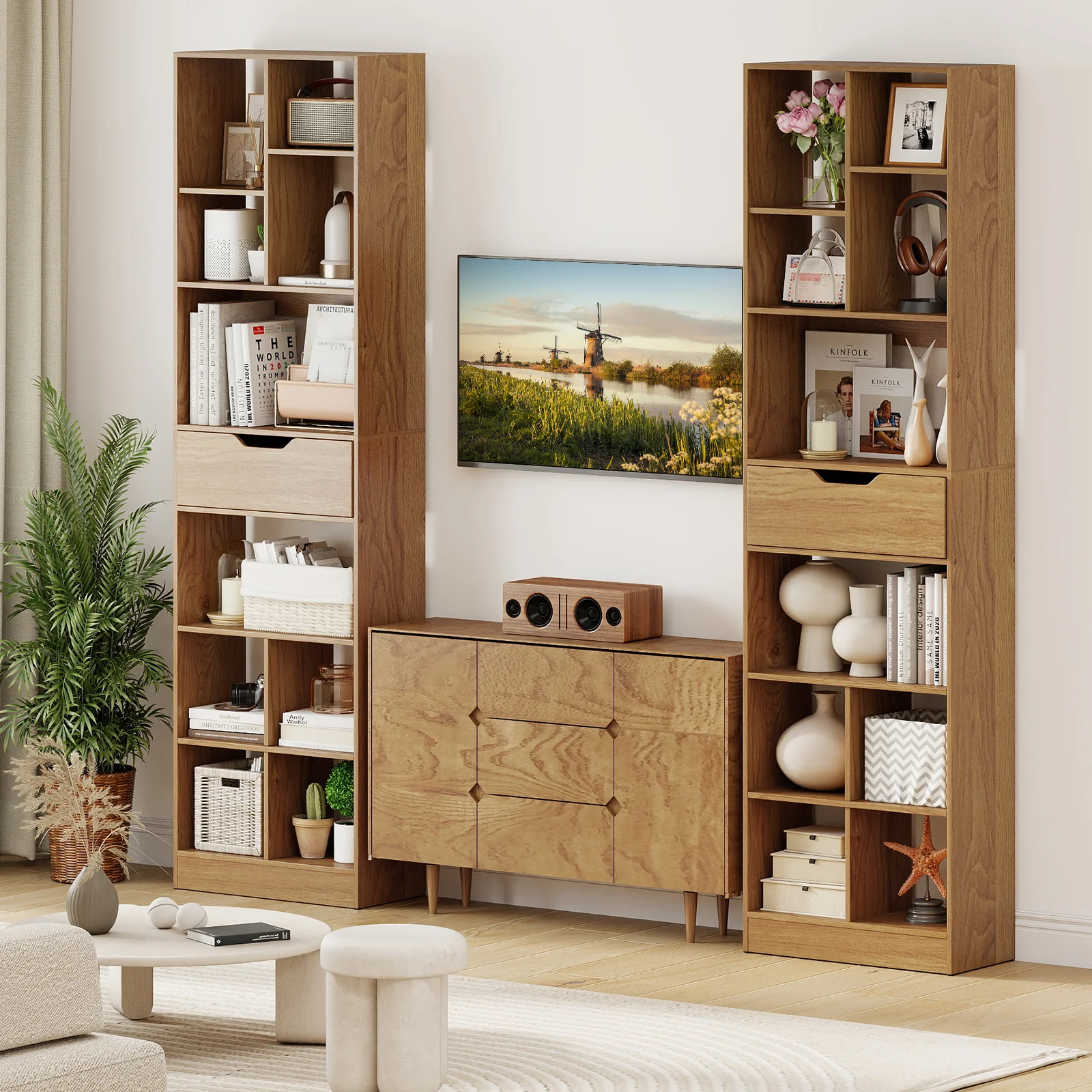 71inch Tall Freestanding Bookcase with Drawer 10-Cube Storage Organizer, Natural - Image 8