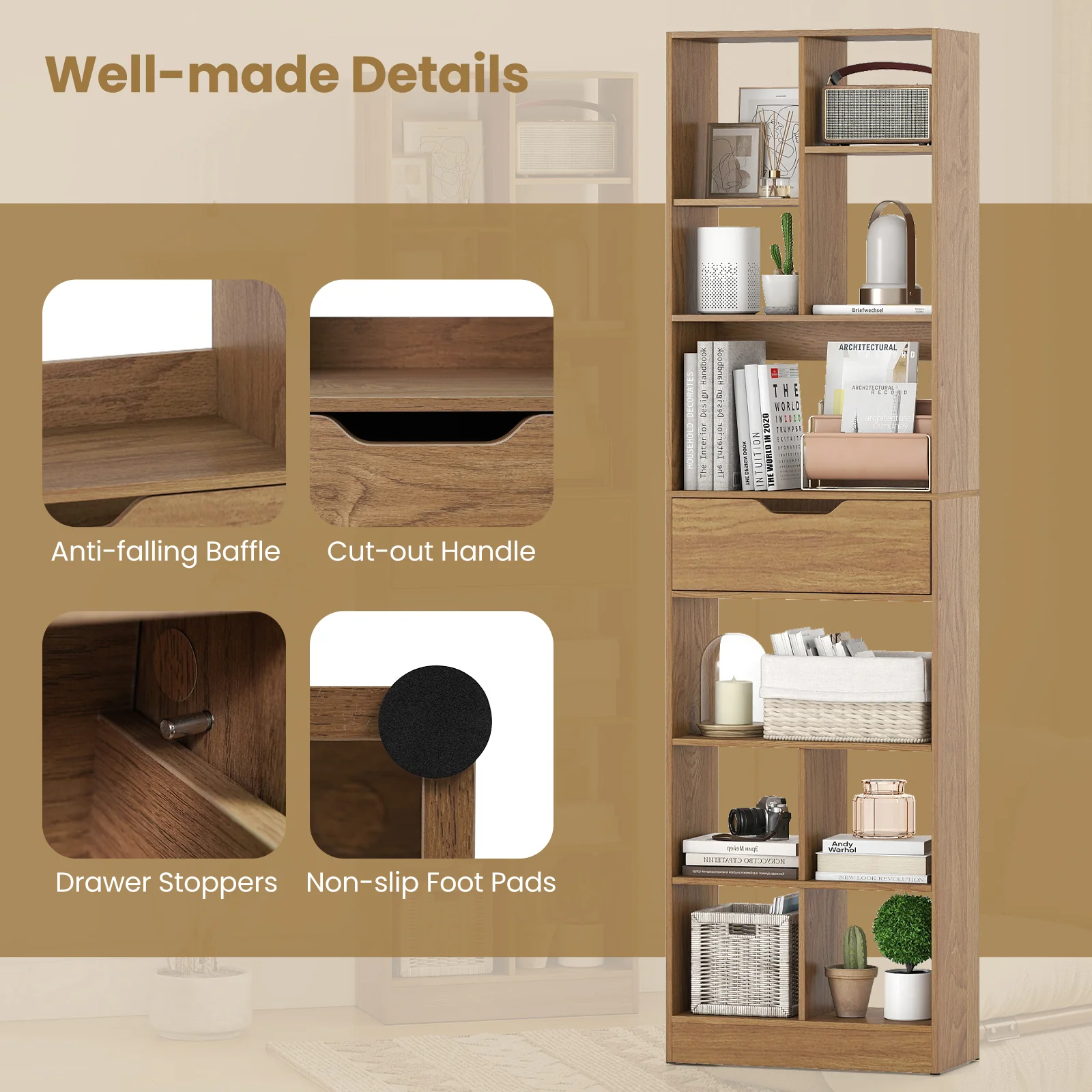 71inch Tall Freestanding Bookcase with Drawer 10-Cube Storage Organizer, Natural - Image 9