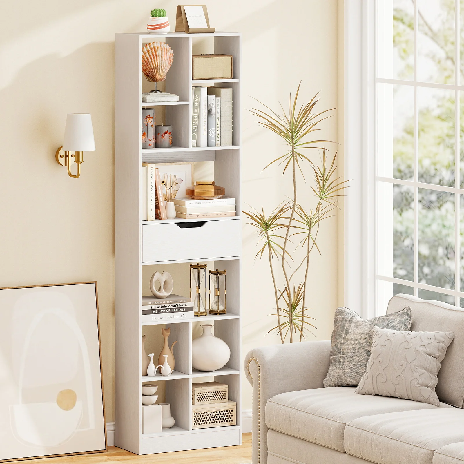 71inch Tall Freestanding Bookcase with Drawer 10-Cube Storage Organizer, White - Image 2