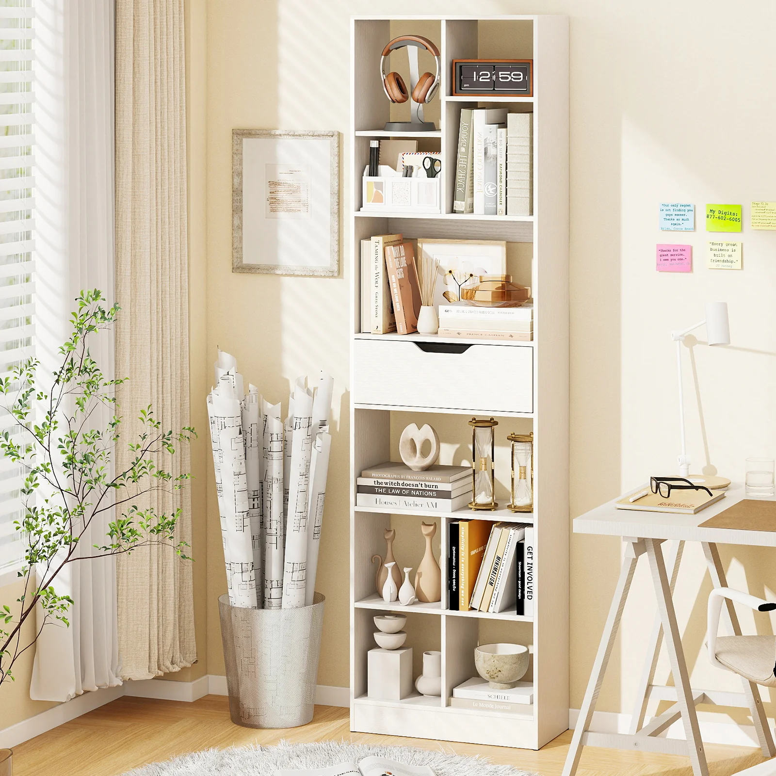 71inch Tall Freestanding Bookcase with Drawer 10-Cube Storage Organizer, White - Image 3