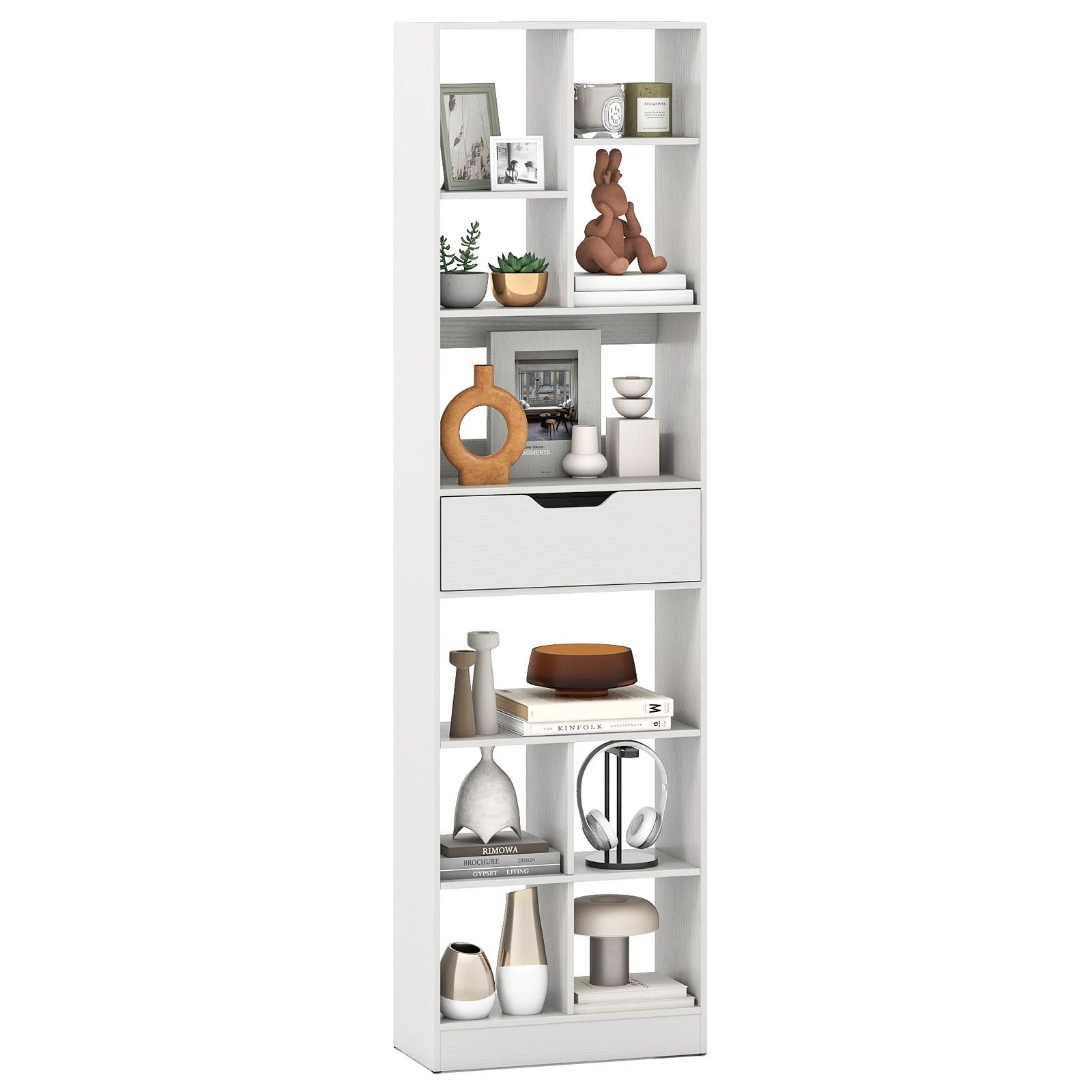 71inch Tall Freestanding Bookcase with Drawer 10-Cube Storage Organizer, White - Image 4