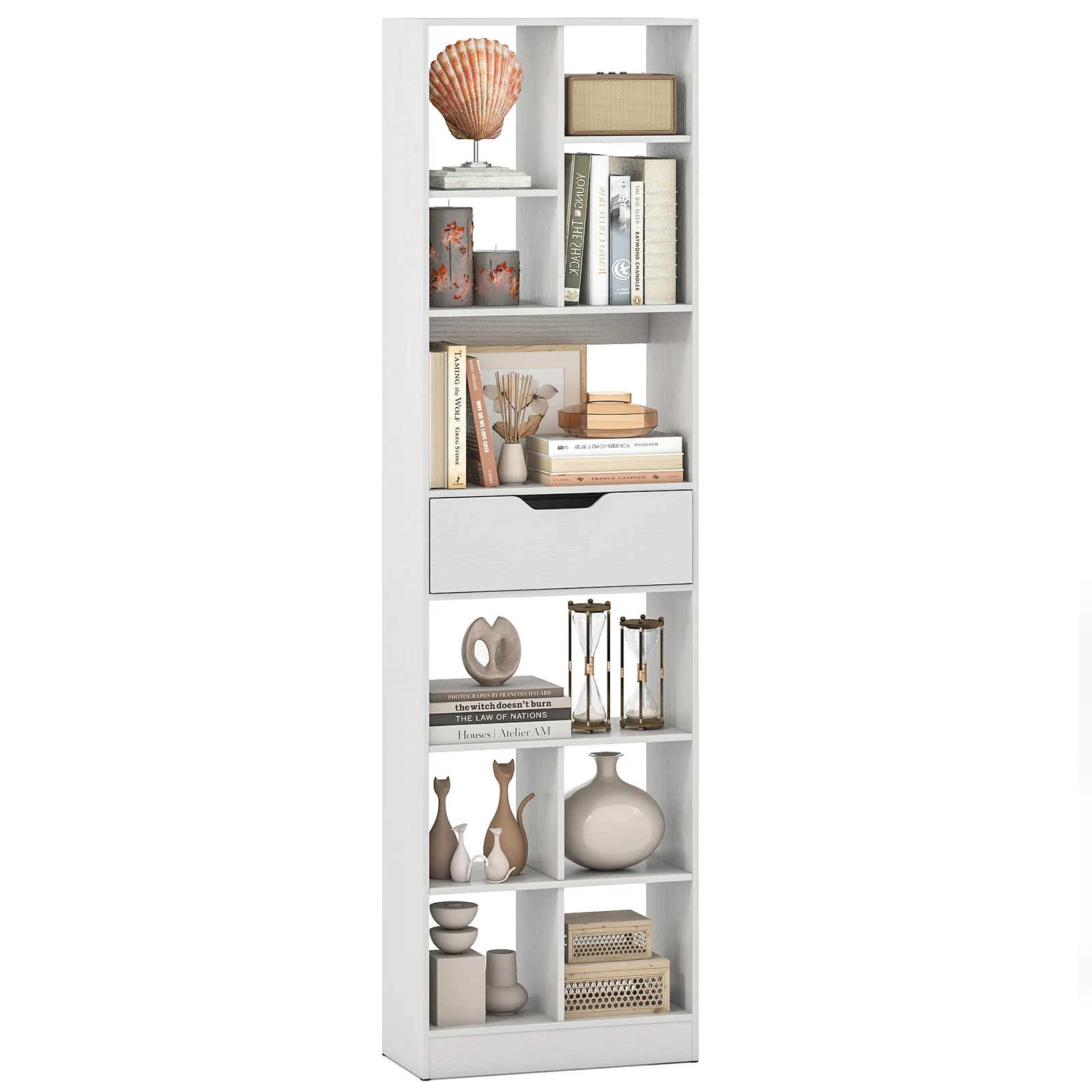 71inch Tall Freestanding Bookcase with Drawer 10-Cube Storage Organizer, White - Image 6