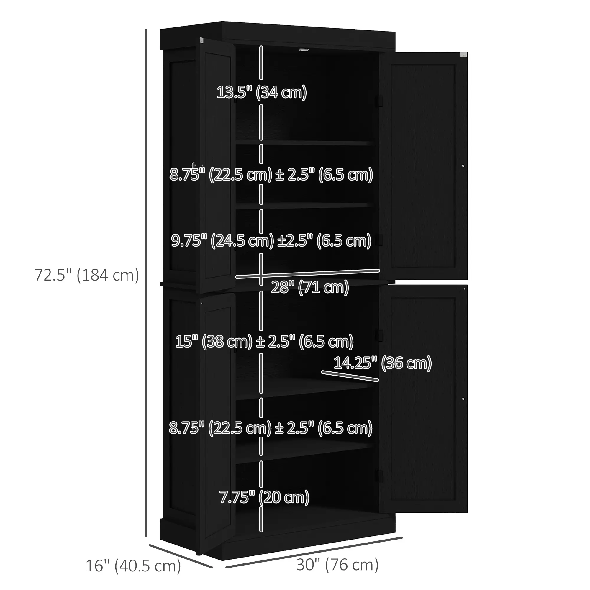 72.5" Freestanding Kitchen Pantry, 4 Doors, Black - Image 3