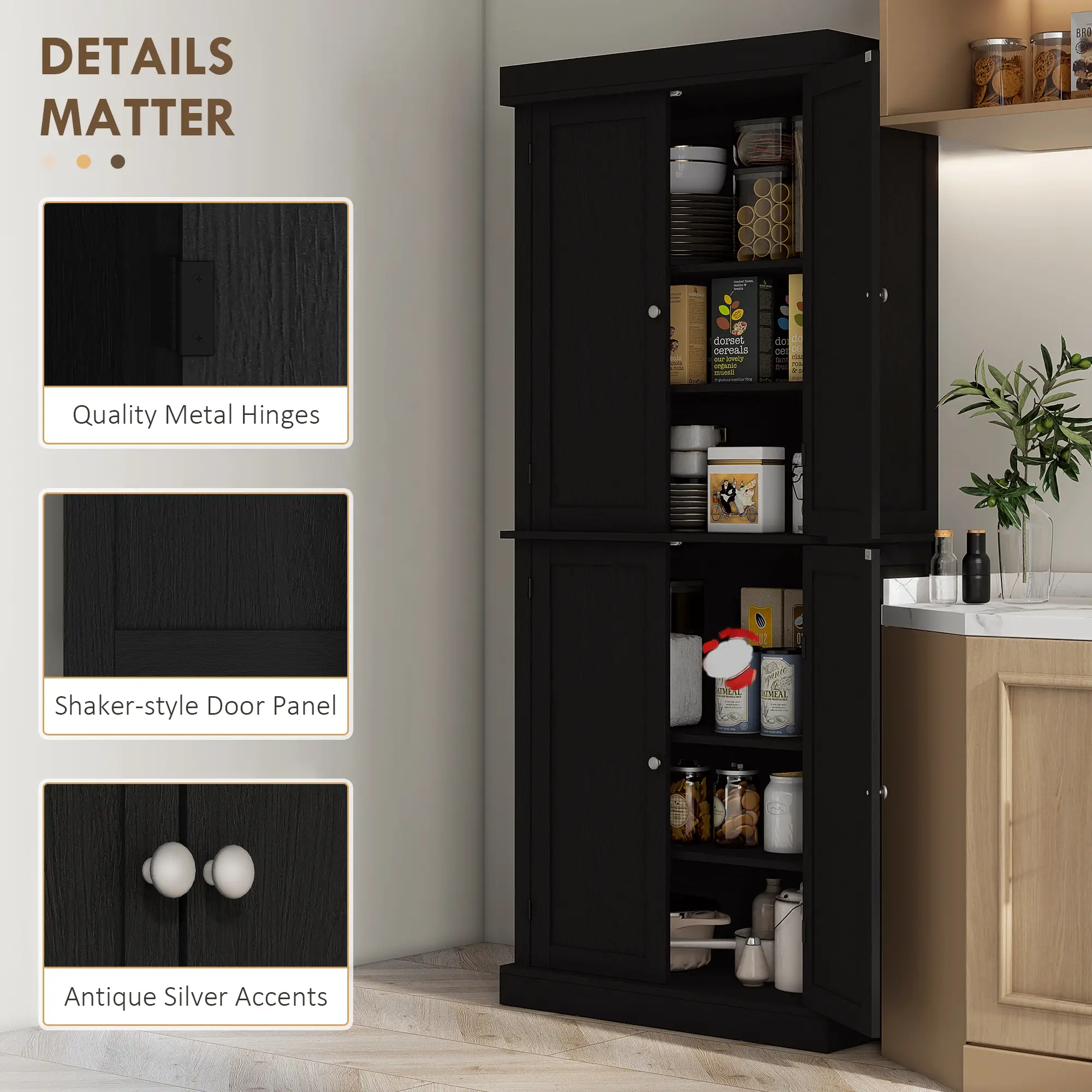 72.5" Freestanding Kitchen Pantry, 4 Doors, Black - Image 7