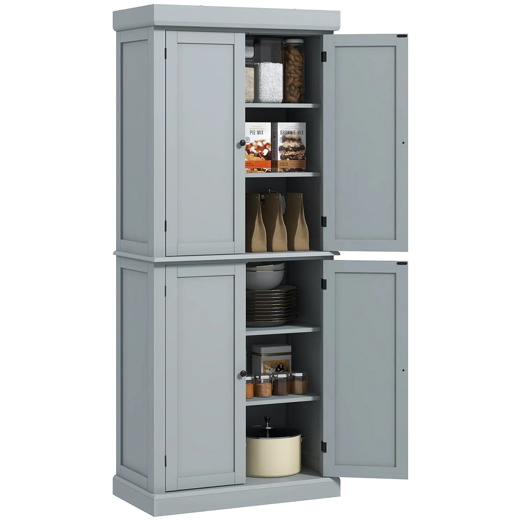 72.5" Freestanding Kitchen Pantry, 4 Doors, Grey