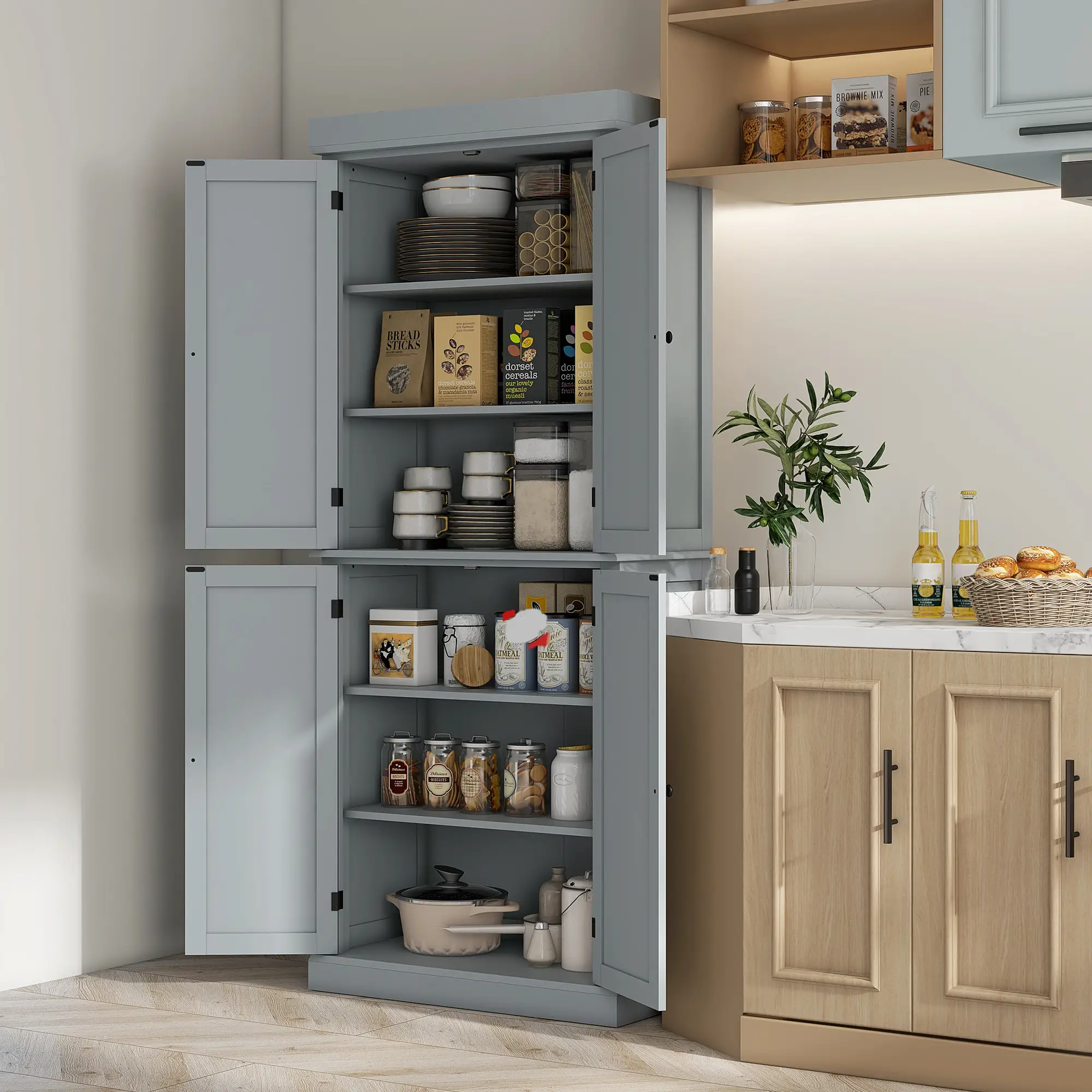 72.5" Freestanding Kitchen Pantry, 4 Doors, Grey - Image 2