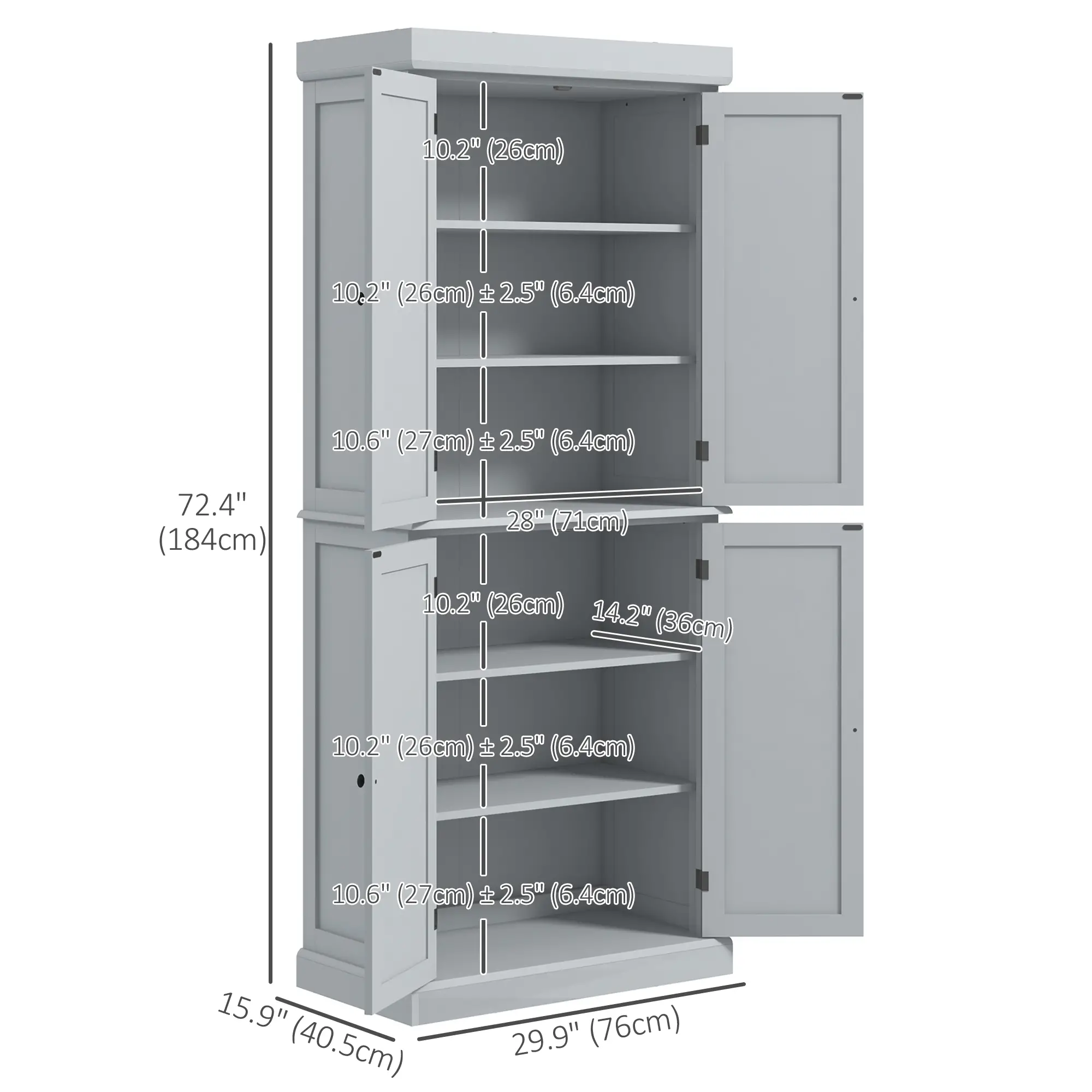 72.5" Freestanding Kitchen Pantry, 4 Doors, Grey - Image 3