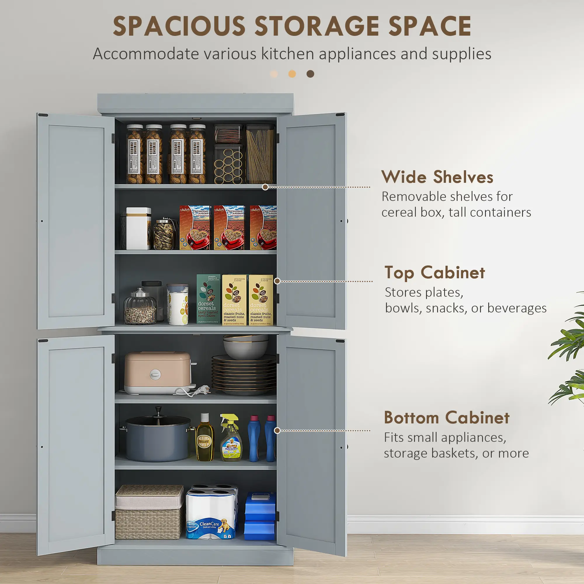 72.5" Freestanding Kitchen Pantry, 4 Doors, Grey - Image 4