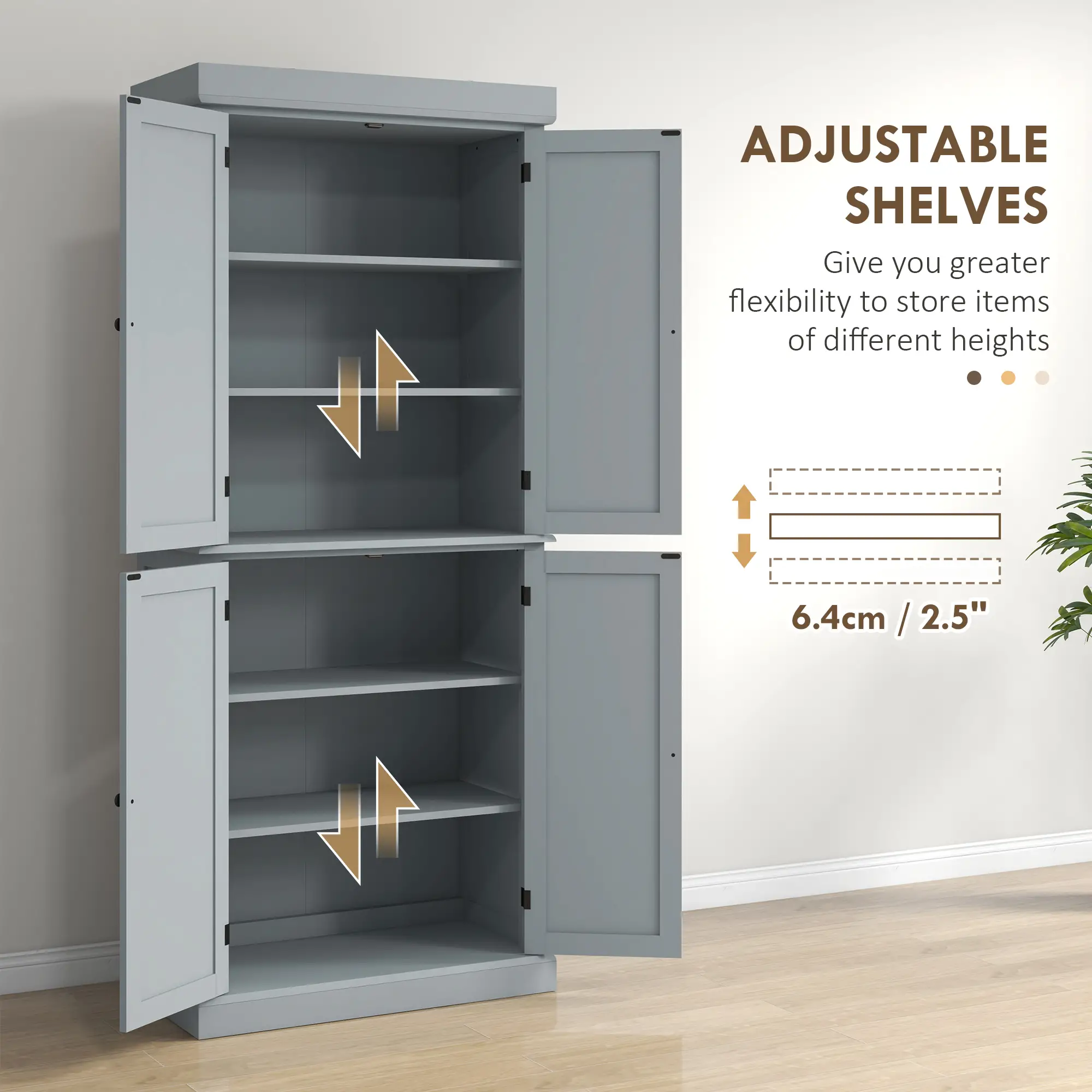 72.5" Freestanding Kitchen Pantry, 4 Doors, Grey - Image 5