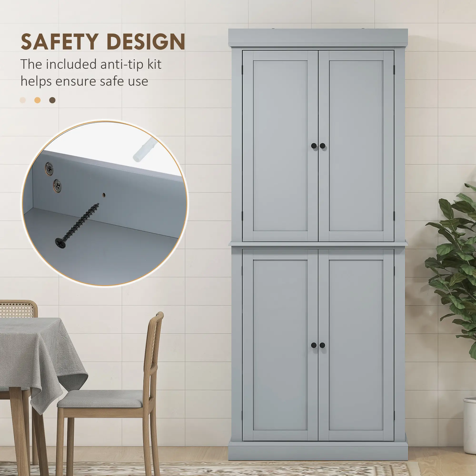 72.5" Freestanding Kitchen Pantry, 4 Doors, Grey - Image 6