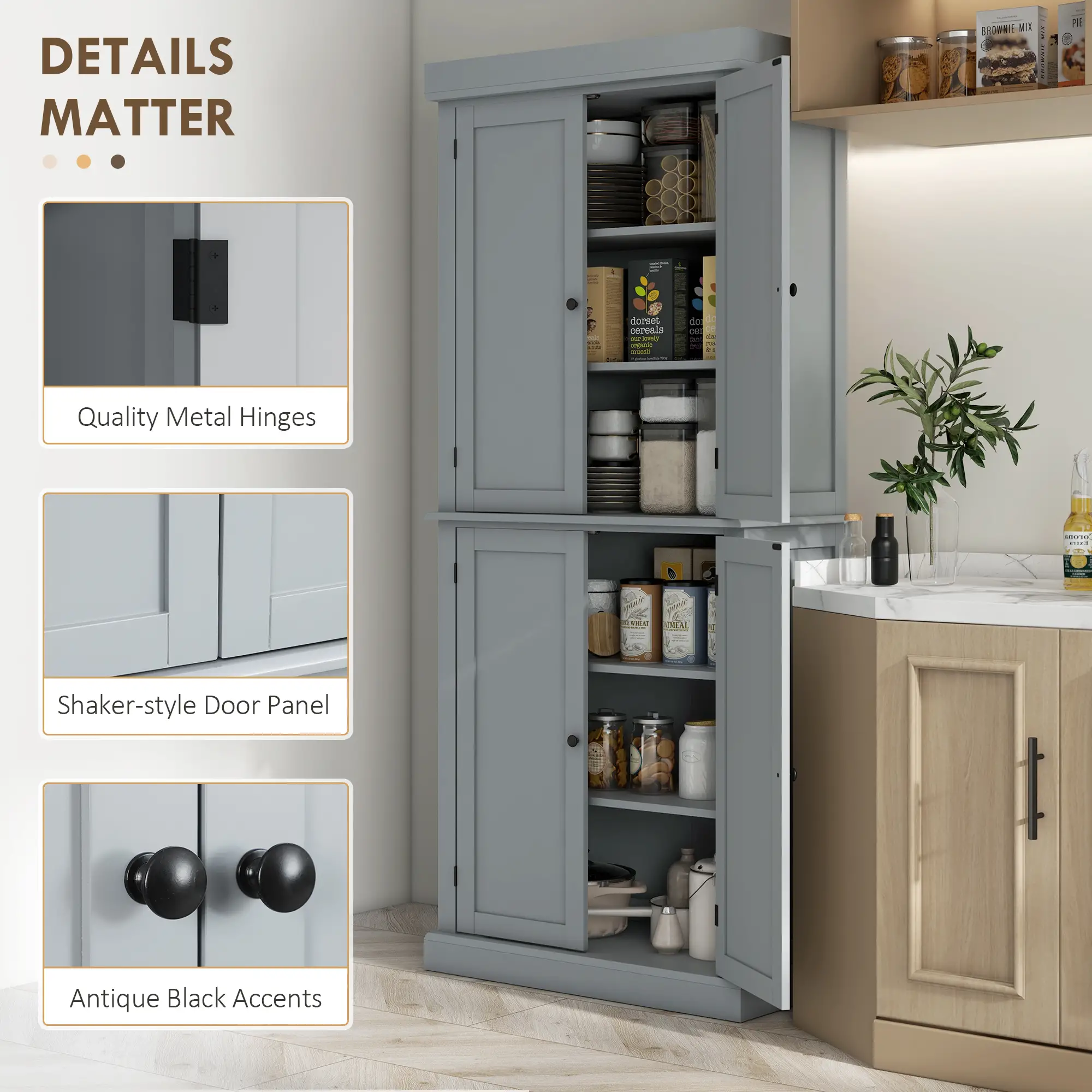 72.5" Freestanding Kitchen Pantry, 4 Doors, Grey - Image 7
