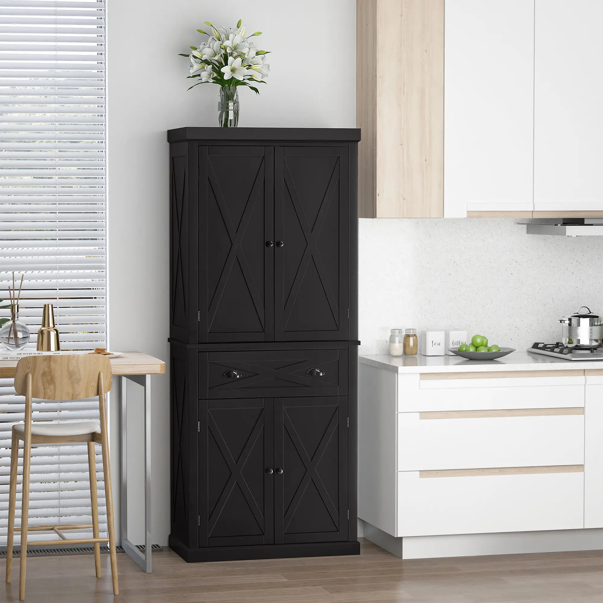 72.5" Kitchen Pantry Cabinet, 4 Doors, Drawer, Adjustable Shelves, Black - Image 2