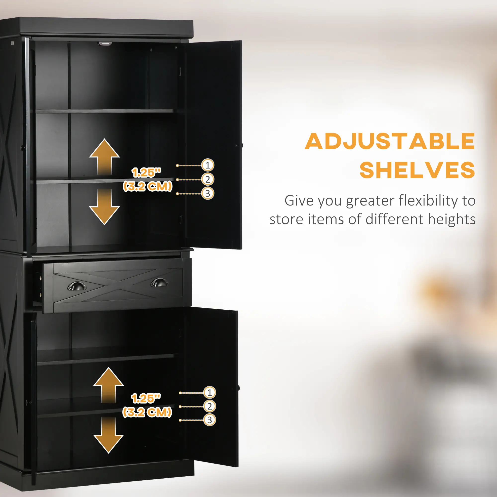 72.5" Kitchen Pantry Cabinet, 4 Doors, Drawer, Adjustable Shelves, Black - Image 5