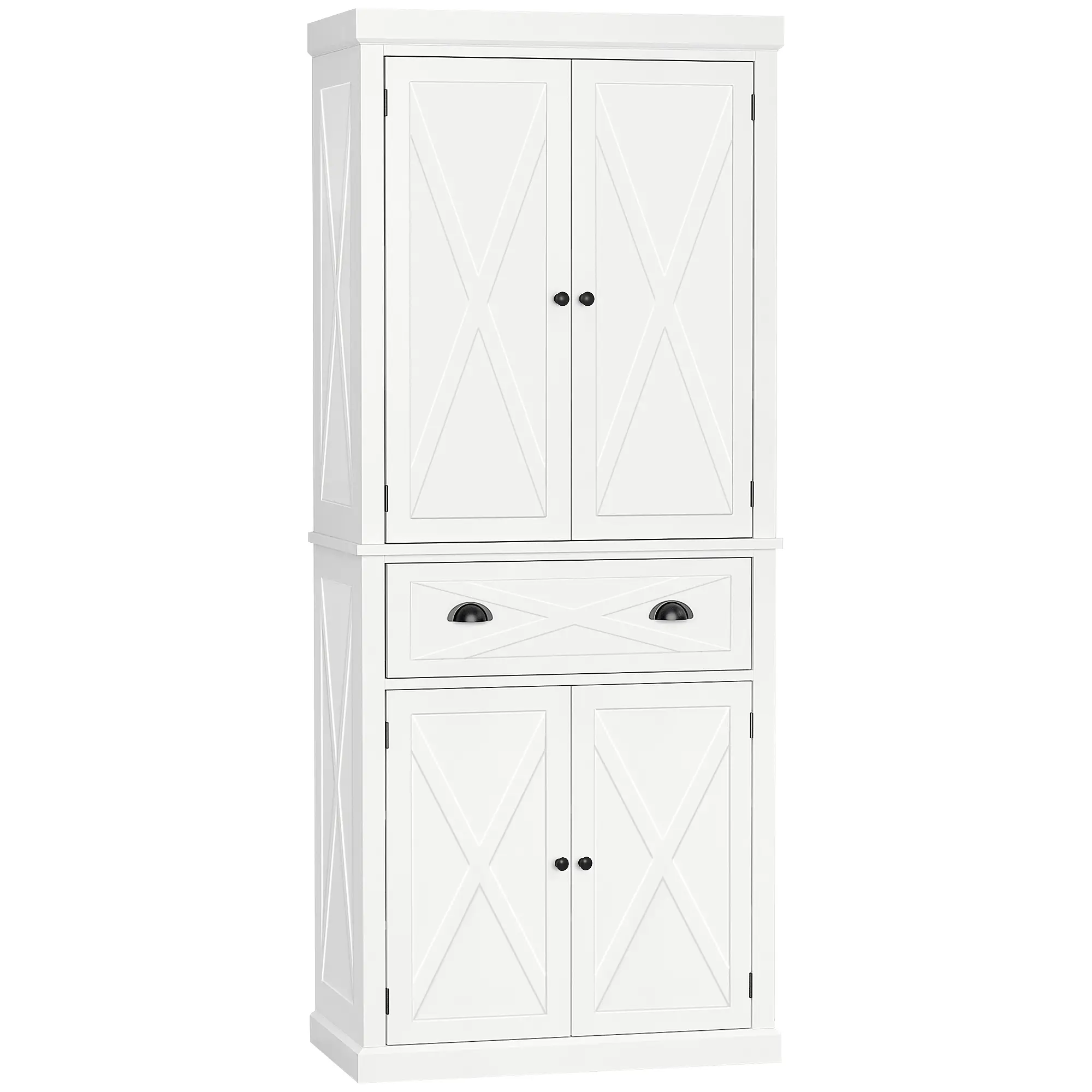 72.5" Kitchen Pantry Cabinet, 4 Doors, Drawer, Adjustable Shelves, White