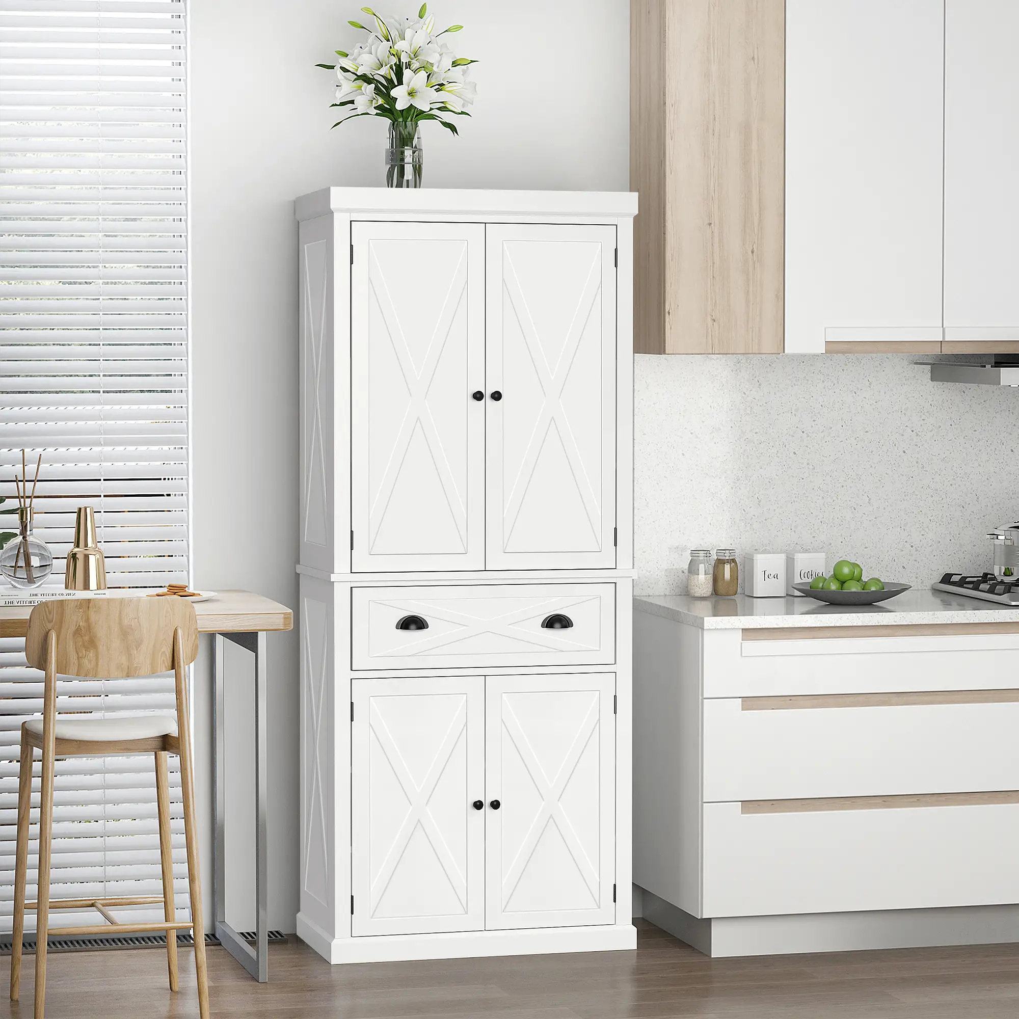 72.5" Kitchen Pantry Cabinet, 4 Doors, Drawer, Adjustable Shelves, White - Image 2