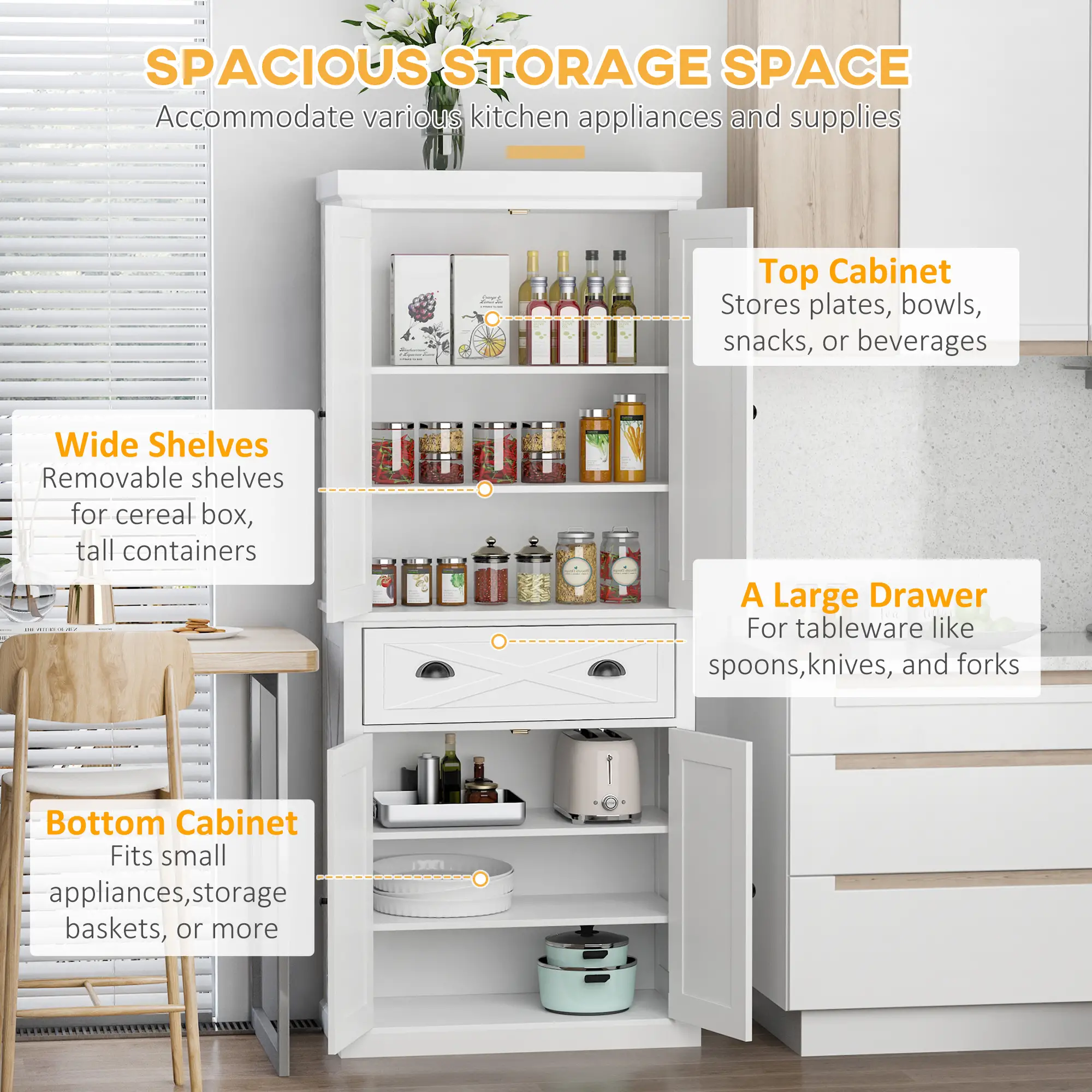 72.5" Kitchen Pantry Cabinet, 4 Doors, Drawer, Adjustable Shelves, White - Image 4