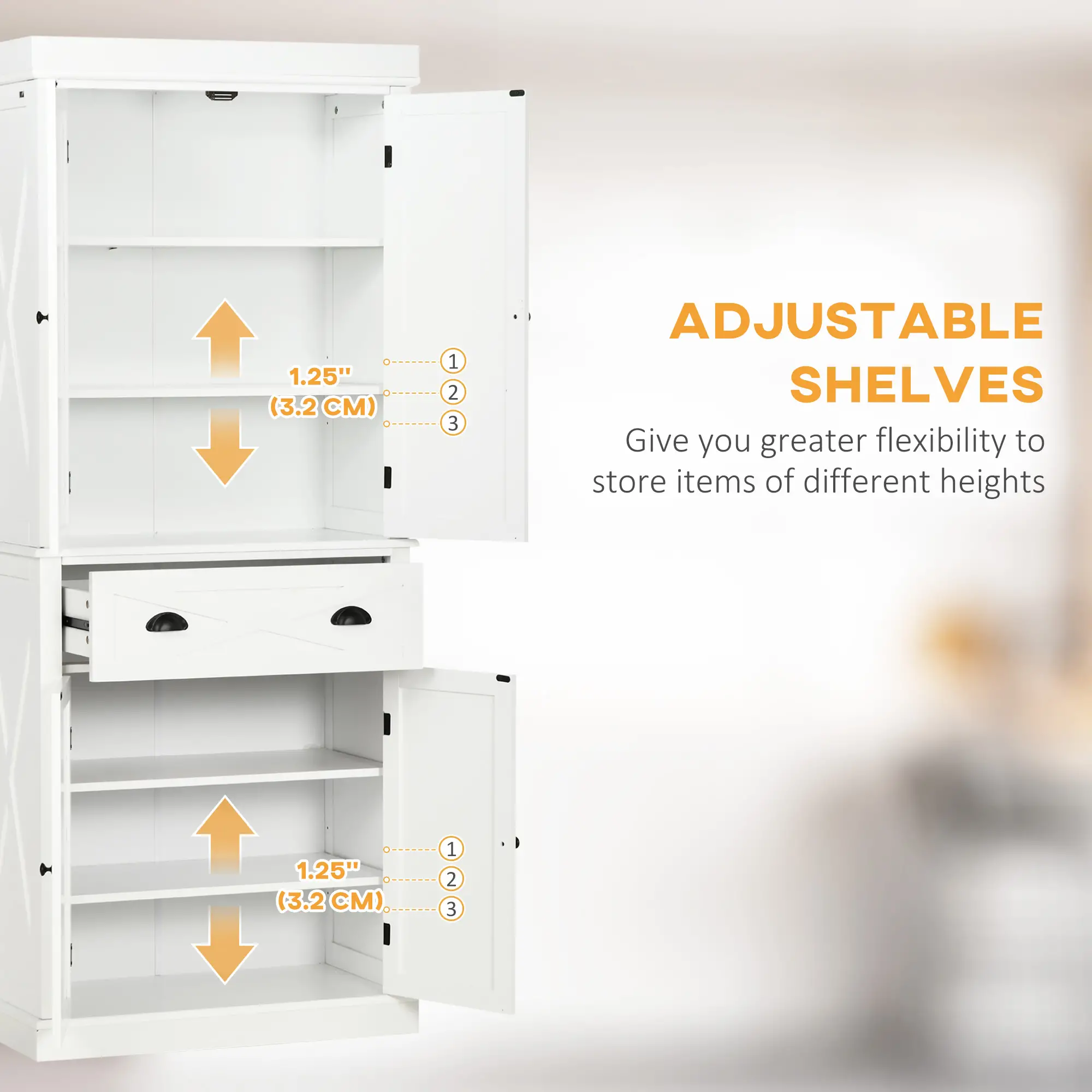 72.5" Kitchen Pantry Cabinet, 4 Doors, Drawer, Adjustable Shelves, White - Image 5