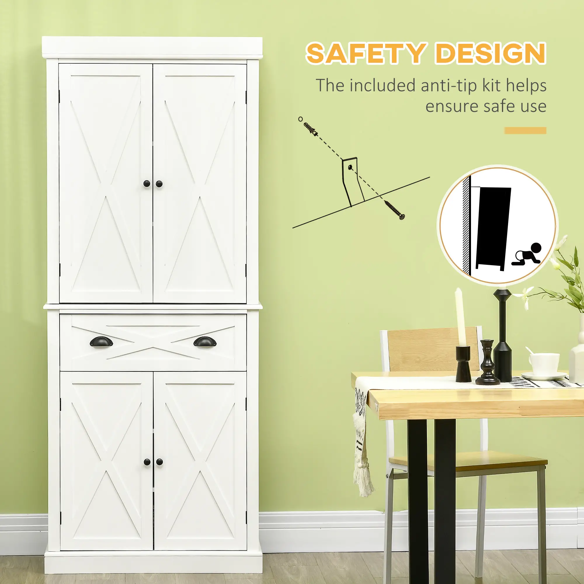 72.5" Kitchen Pantry Cabinet, 4 Doors, Drawer, Adjustable Shelves, White - Image 6