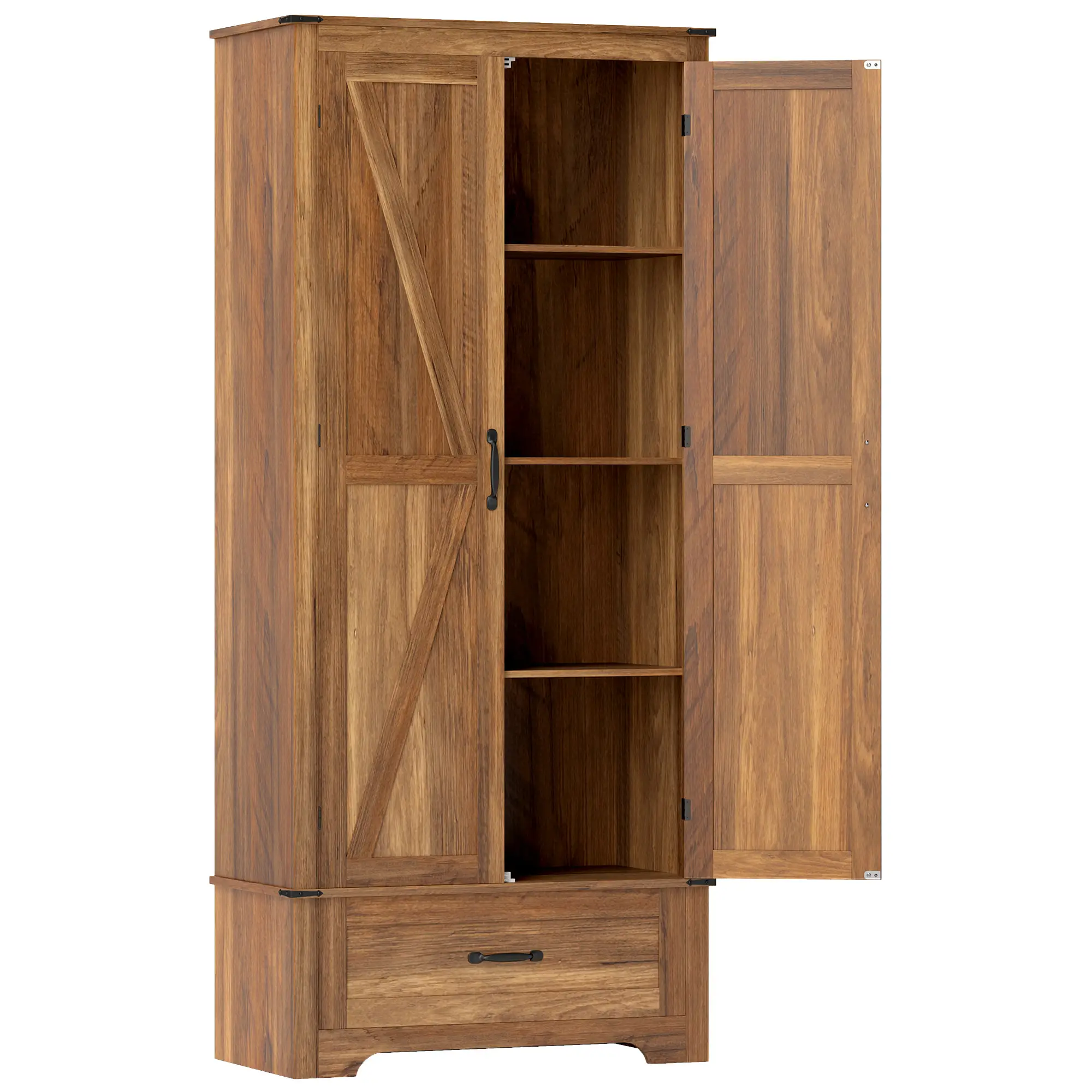 72" Farmhouse Pantry Cabinet, Adjustable Shelves, 2 Doors, Brown