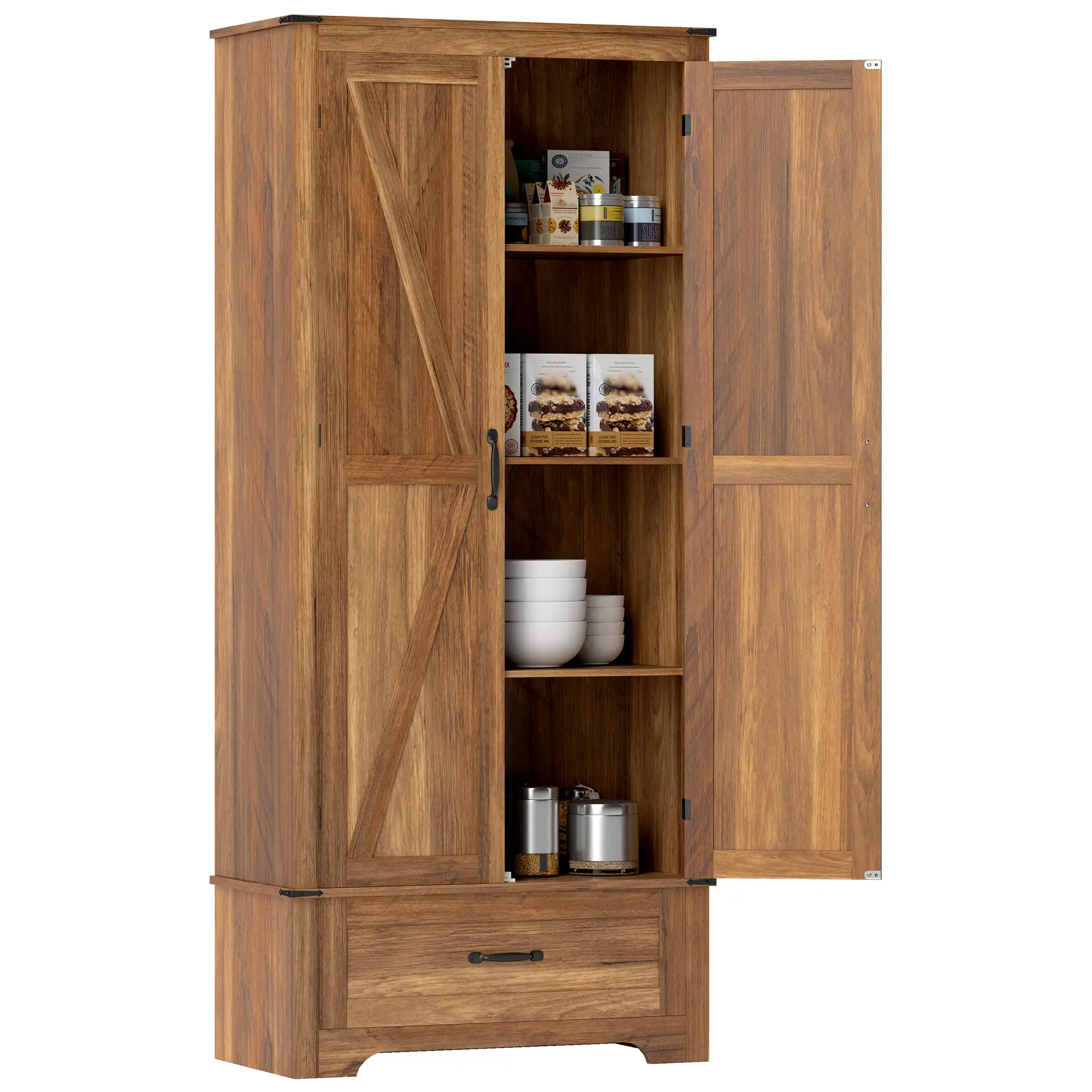 72" Farmhouse Pantry Cabinet, Adjustable Shelves, 2 Doors, Brown - Image 11