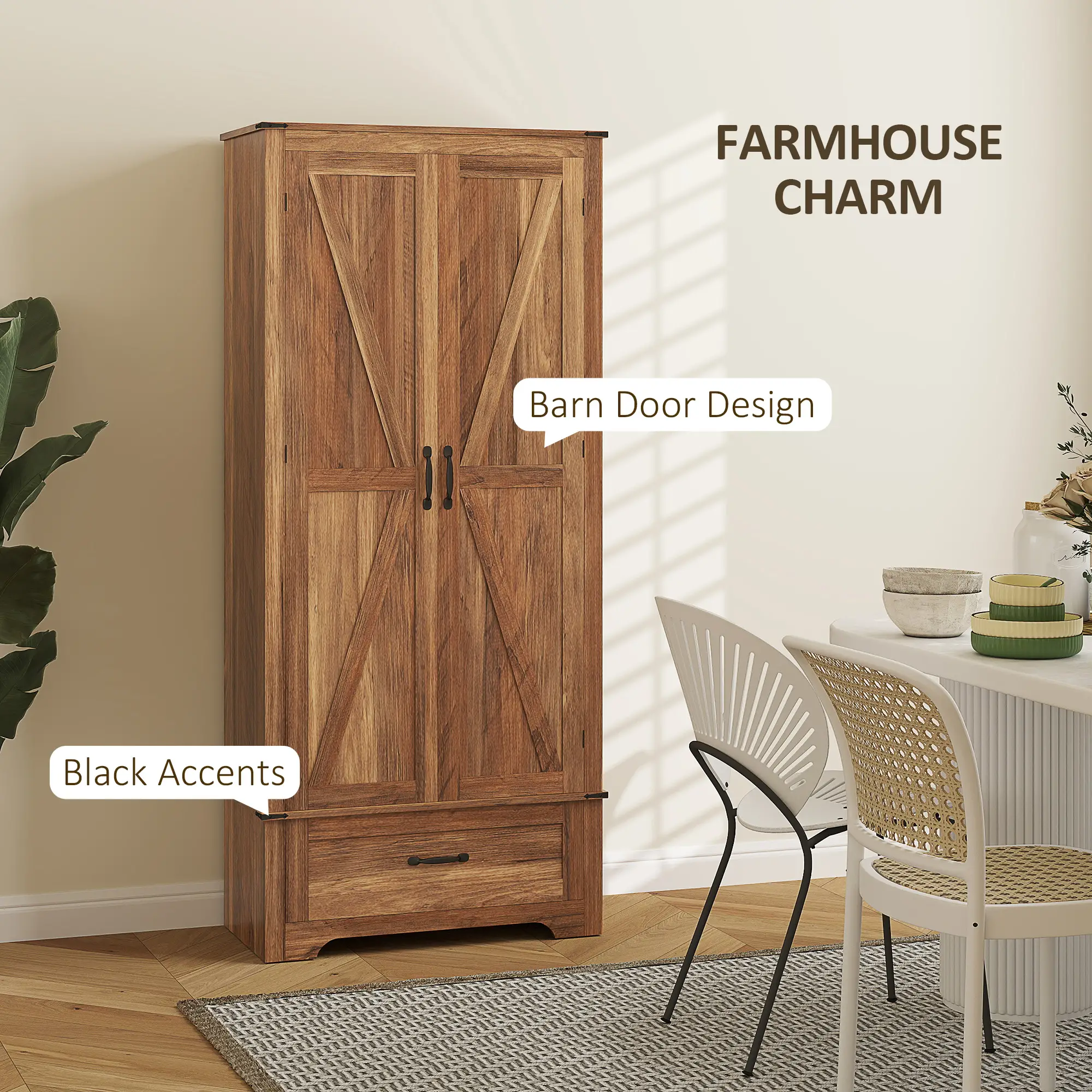 72" Farmhouse Pantry Cabinet, Adjustable Shelves, 2 Doors, Brown - Image 6