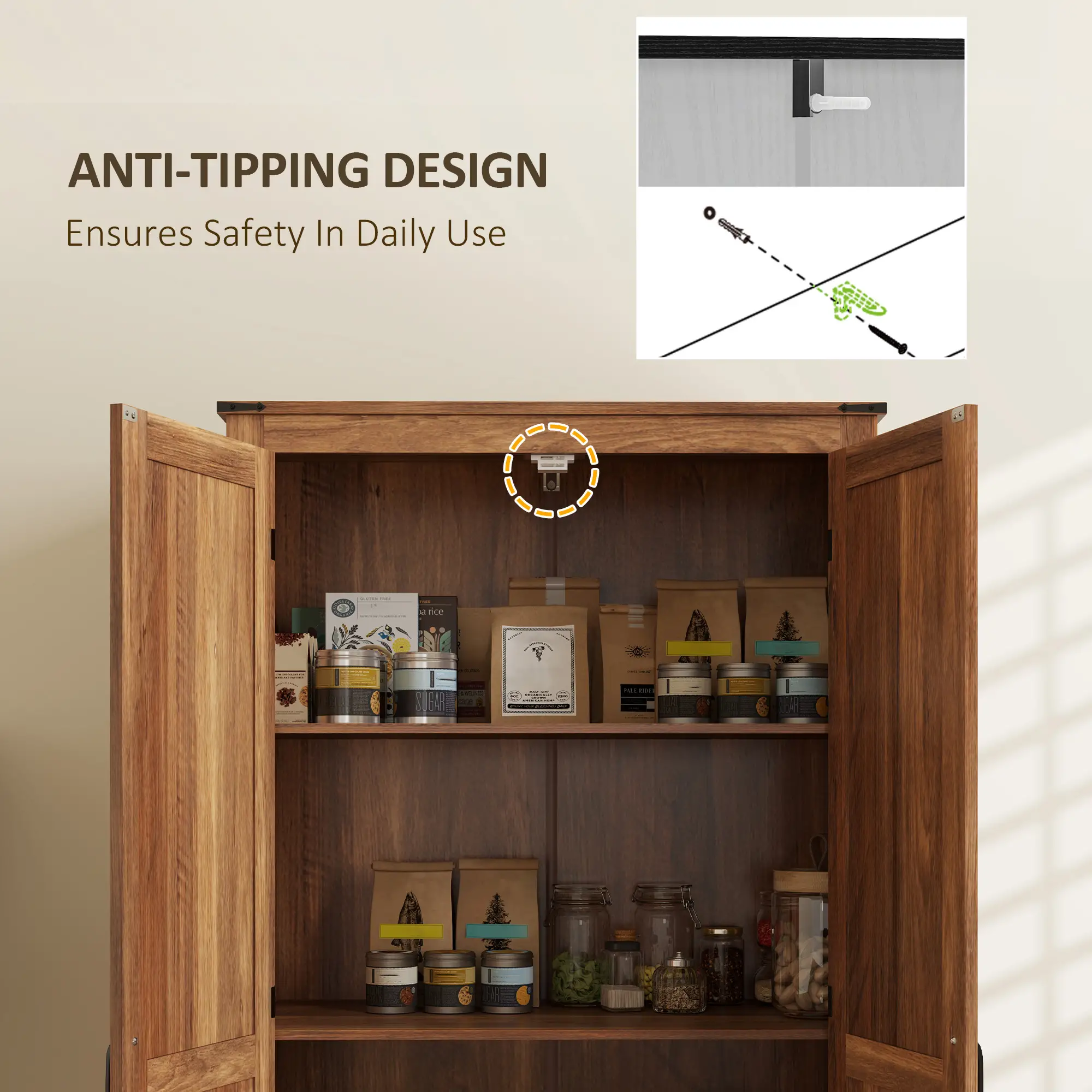 72" Farmhouse Pantry Cabinet, Adjustable Shelves, 2 Doors, Brown - Image 7