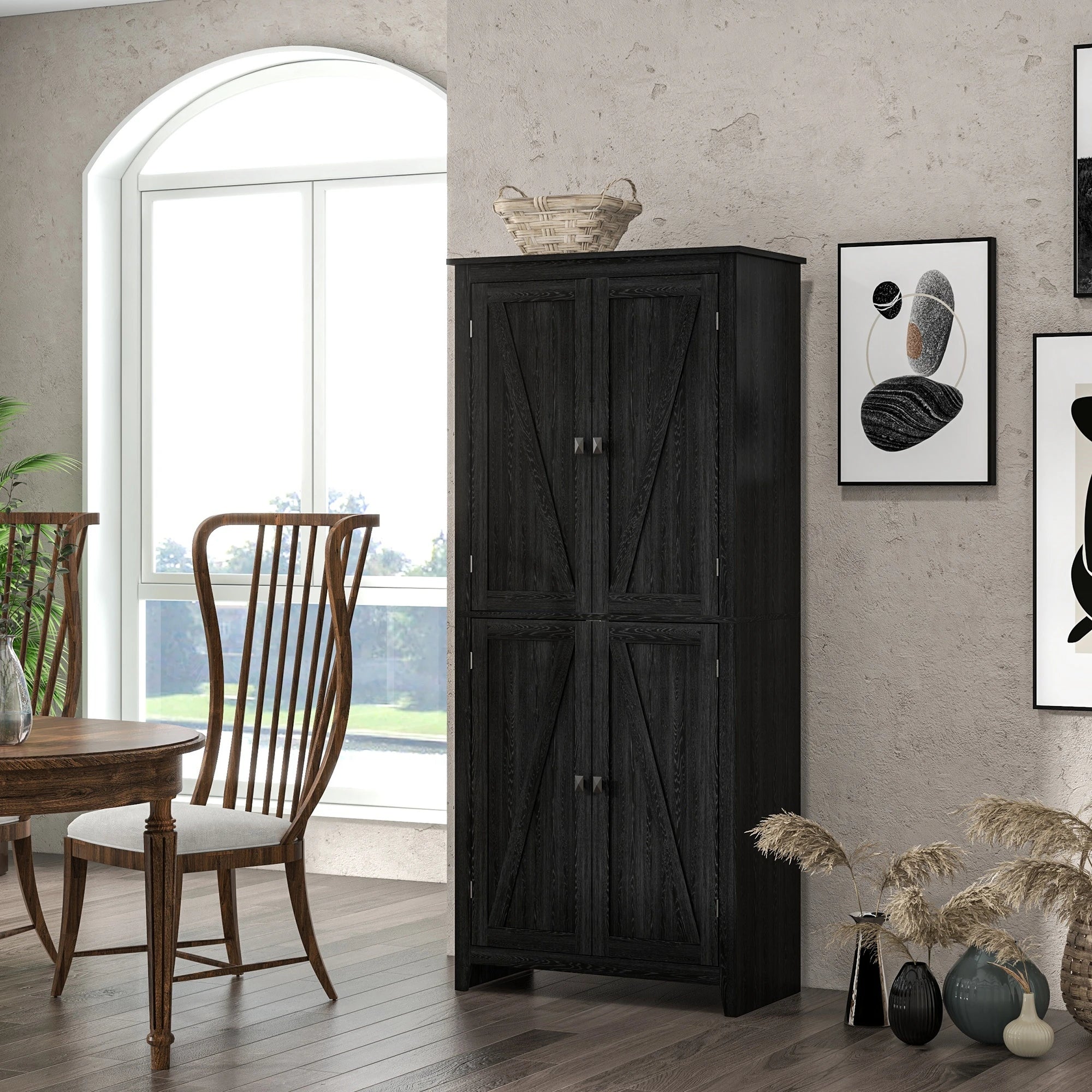 72" Freestanding Storage Cabinet, Kitchen Pantry with Doors, Shelves, Black - Image 2